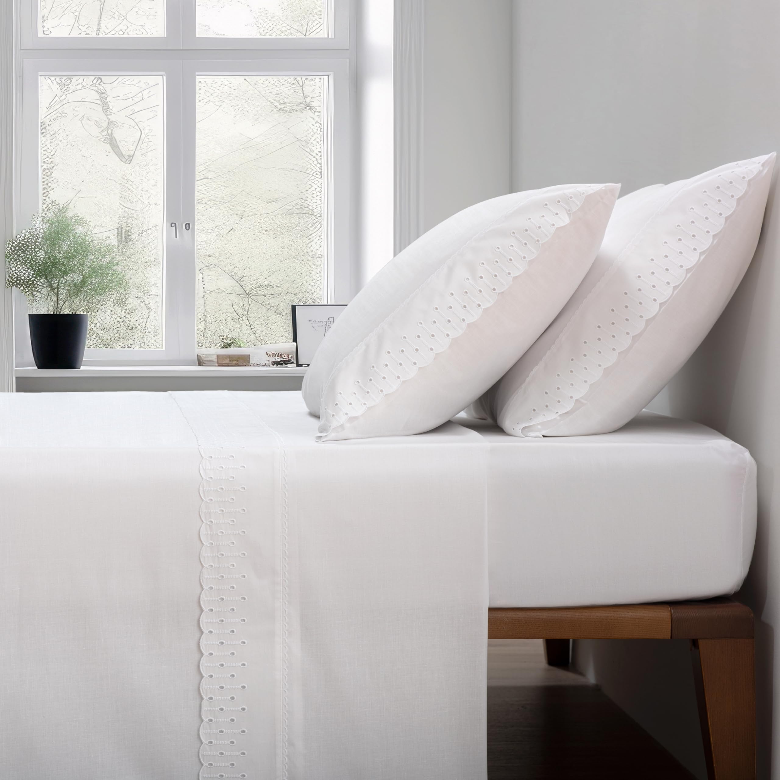 Sábanas Blancas con Bordado Blanco para Cama de 150 - Sábanas de Algodón de 200 Hilos 607 - Sábana Encimera, Sábana Bajera Ajustable y Dos Fundas de Almohada