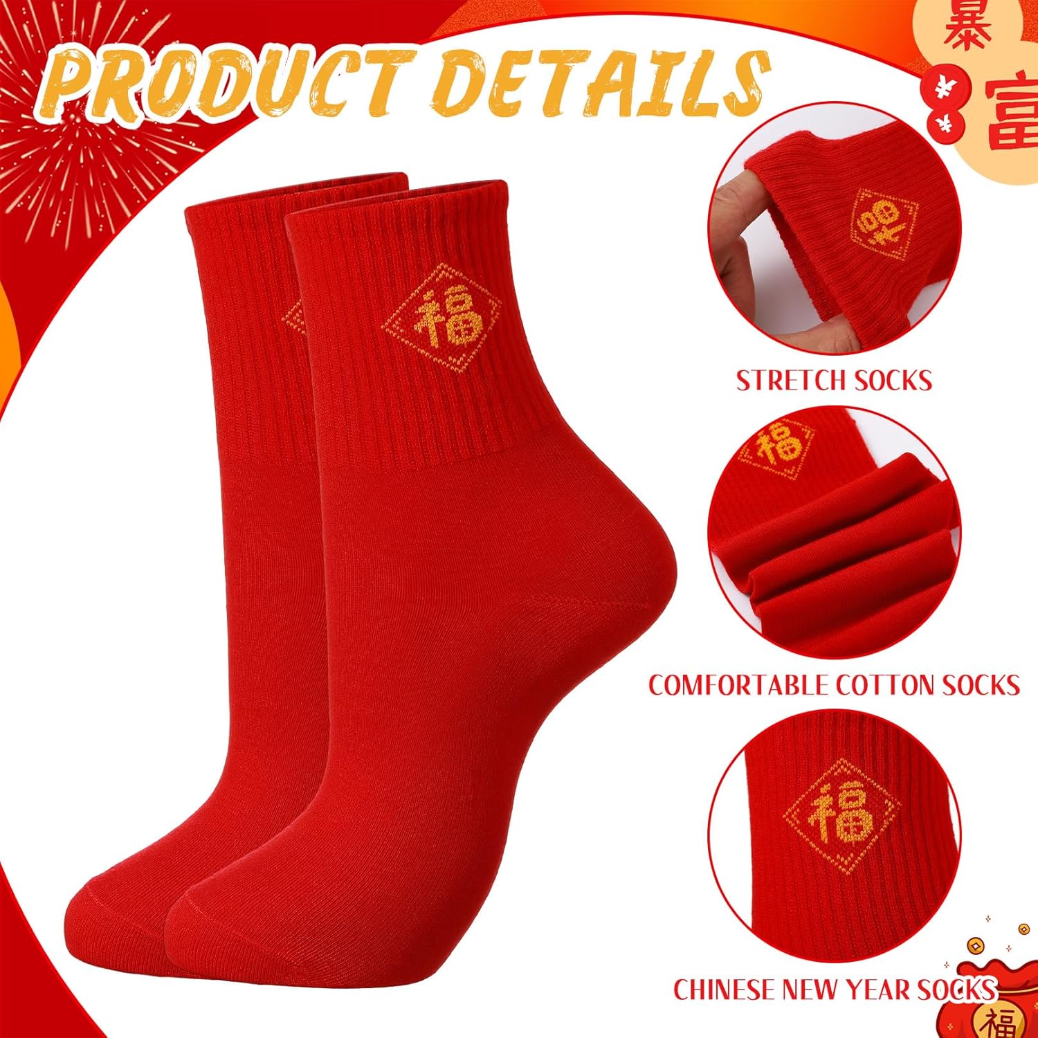 Glitopper 10 Pairs Chinese New Year 2026 Red Socks of Horse with Embroidery Fu Rich New Year Crew Socks for Woman Men Gifts - Image 4