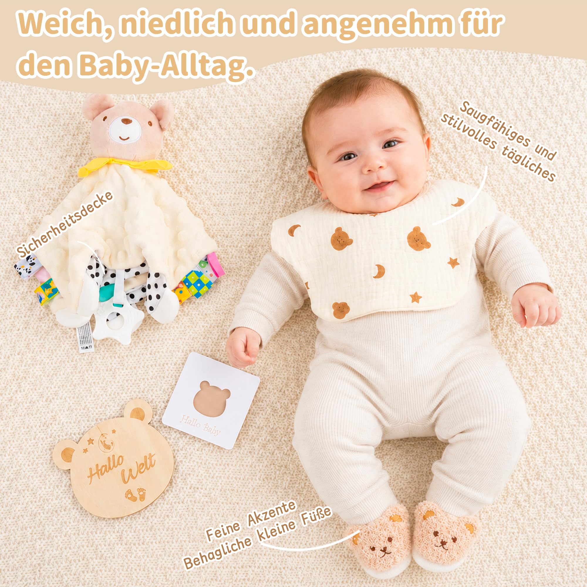 Geschenk zur Geburt – Baby Schmusetuch mit Holzrassel, Rassel, Silikonbürste, Babydecke, Socken – Babyparty Geschenkbox