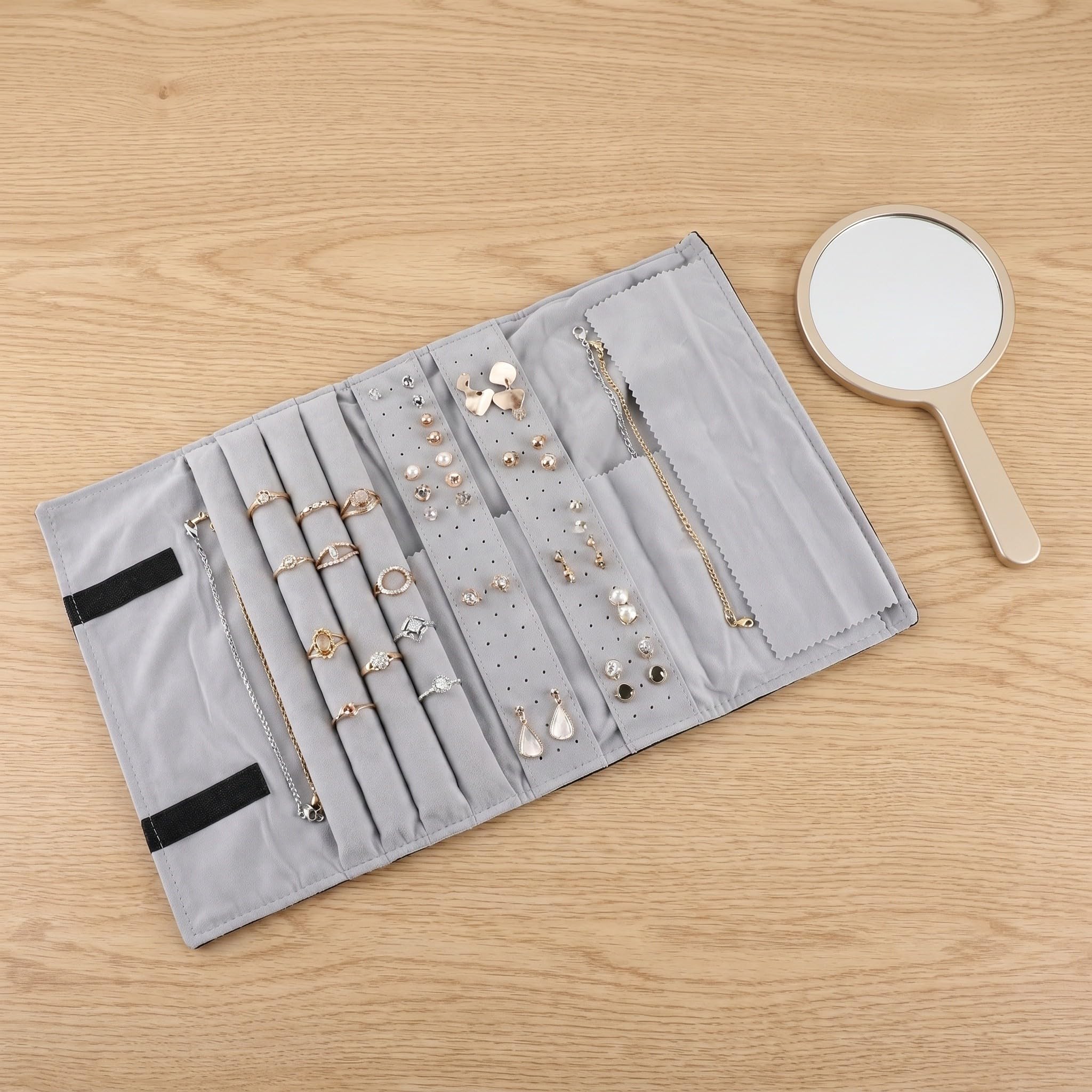 Estuche enrollable de terciopelo para joyas: pequeño organizador de viaje para pulseras y pendientes - Estuche enrollable pequeño para empacar para las vacaciones