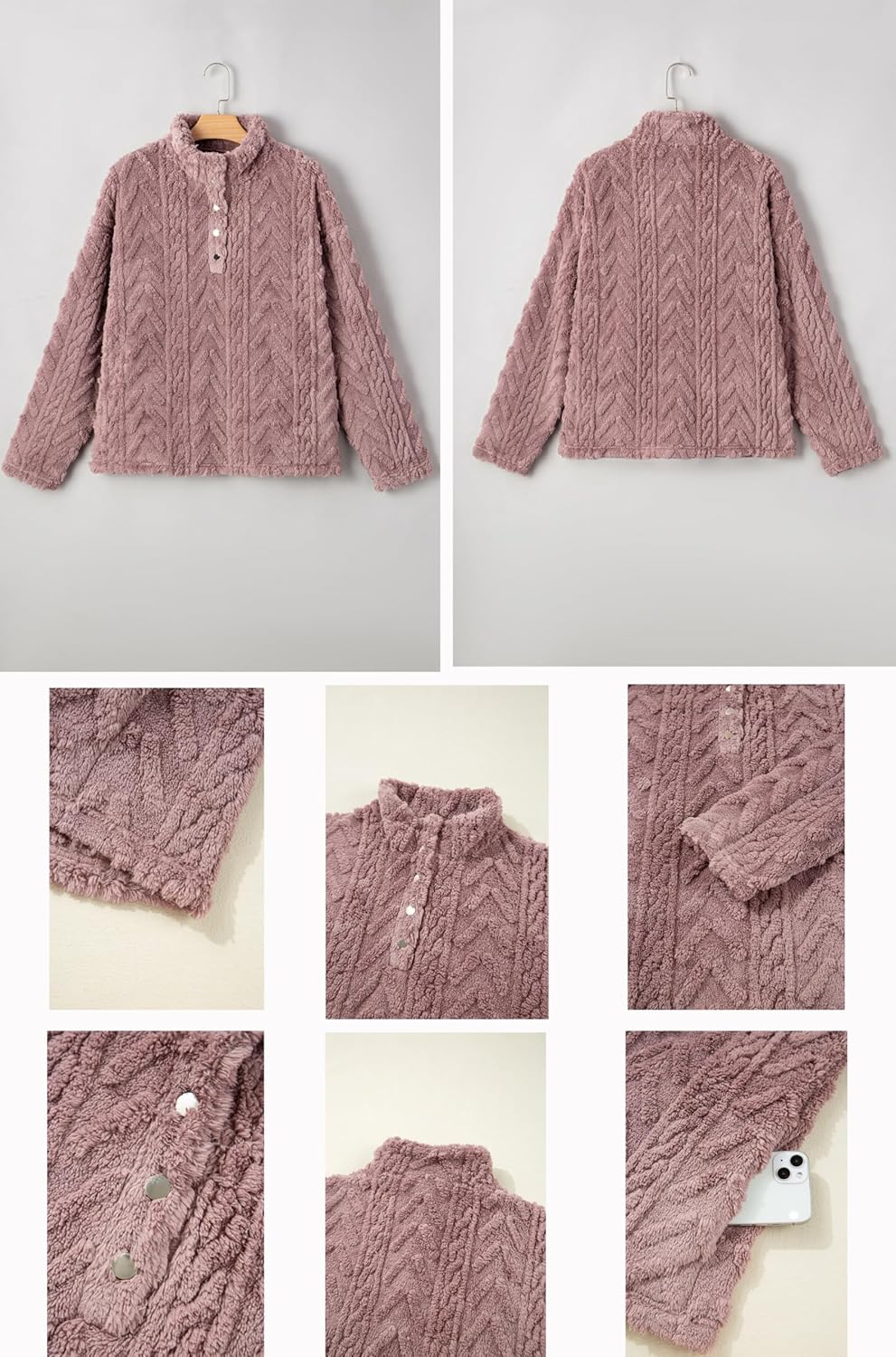 BLENCOT Womens Casual Button Down Collar Pullover Fleece Sweatshirt Long Sleeve Tops Warm Sherpa Coat Jacket Pockets - Image 5