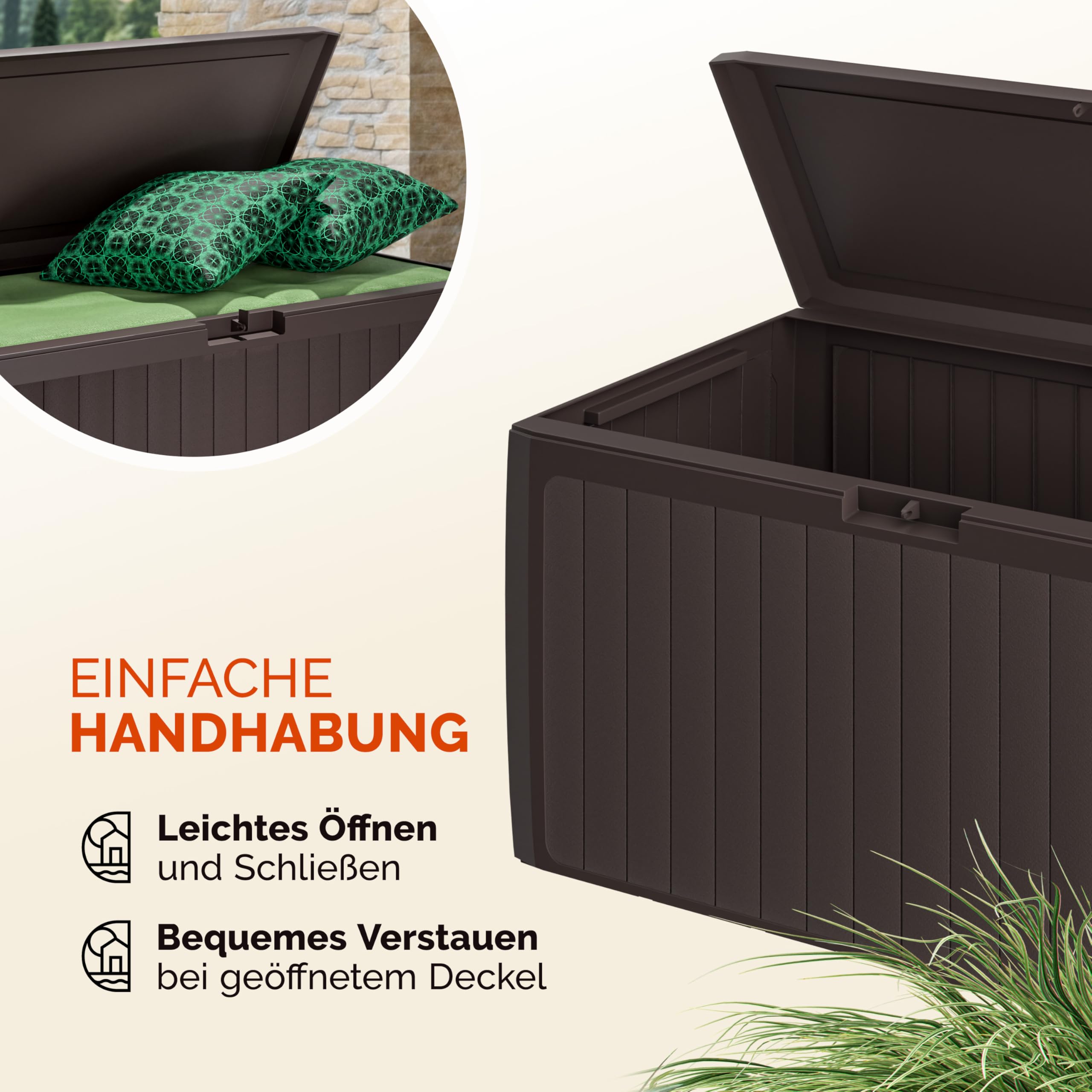 Casaria® Gartenbox Auflagenbox abschließbar Braun 290L UV-beständig Haltegriffe Rollen Verschlussvorrichtung Balkon Garten Kissenbox Aufbewahrungsbox 117x47cm Wetterfest Paneelstruktrur