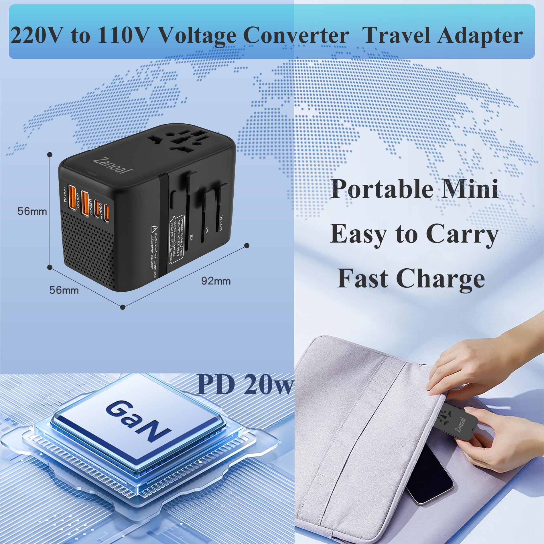 Convertidor de voltaje de 220 V a 110 V, adaptador de corriente internacional universal, convertidor de enchufe múltiple (negro)
