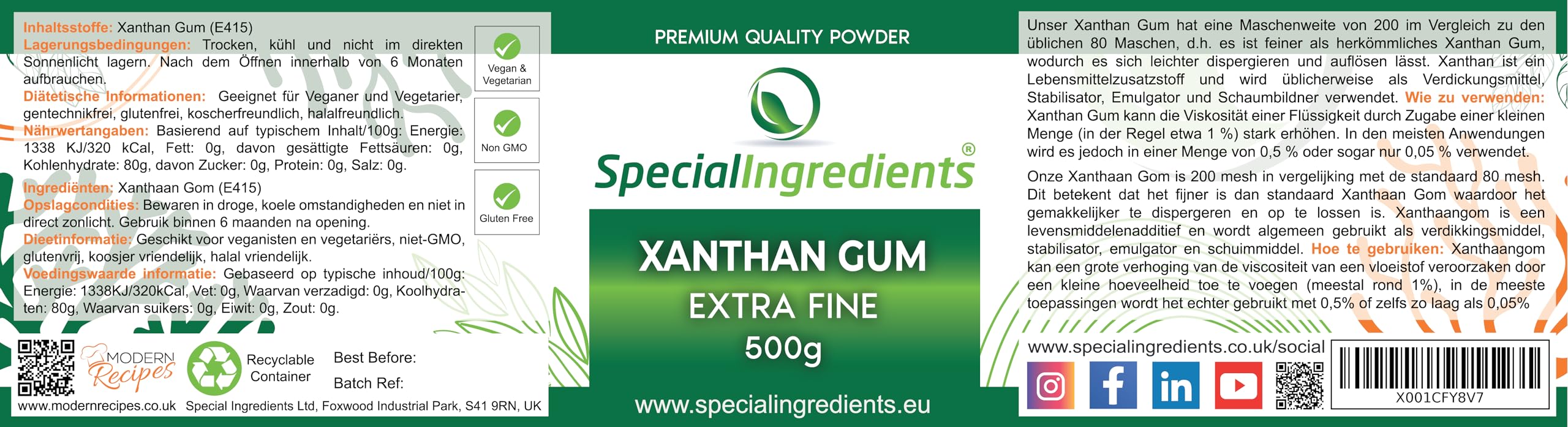 XANTHAN 500g EXTRAFEINE PULVER HÖCHSTER LEBENSMITTEL QUALITÄT - GLUTENFREI, NON GMO (DEUTSCHE ETIKETTEN UND ANLEITUNGEN)