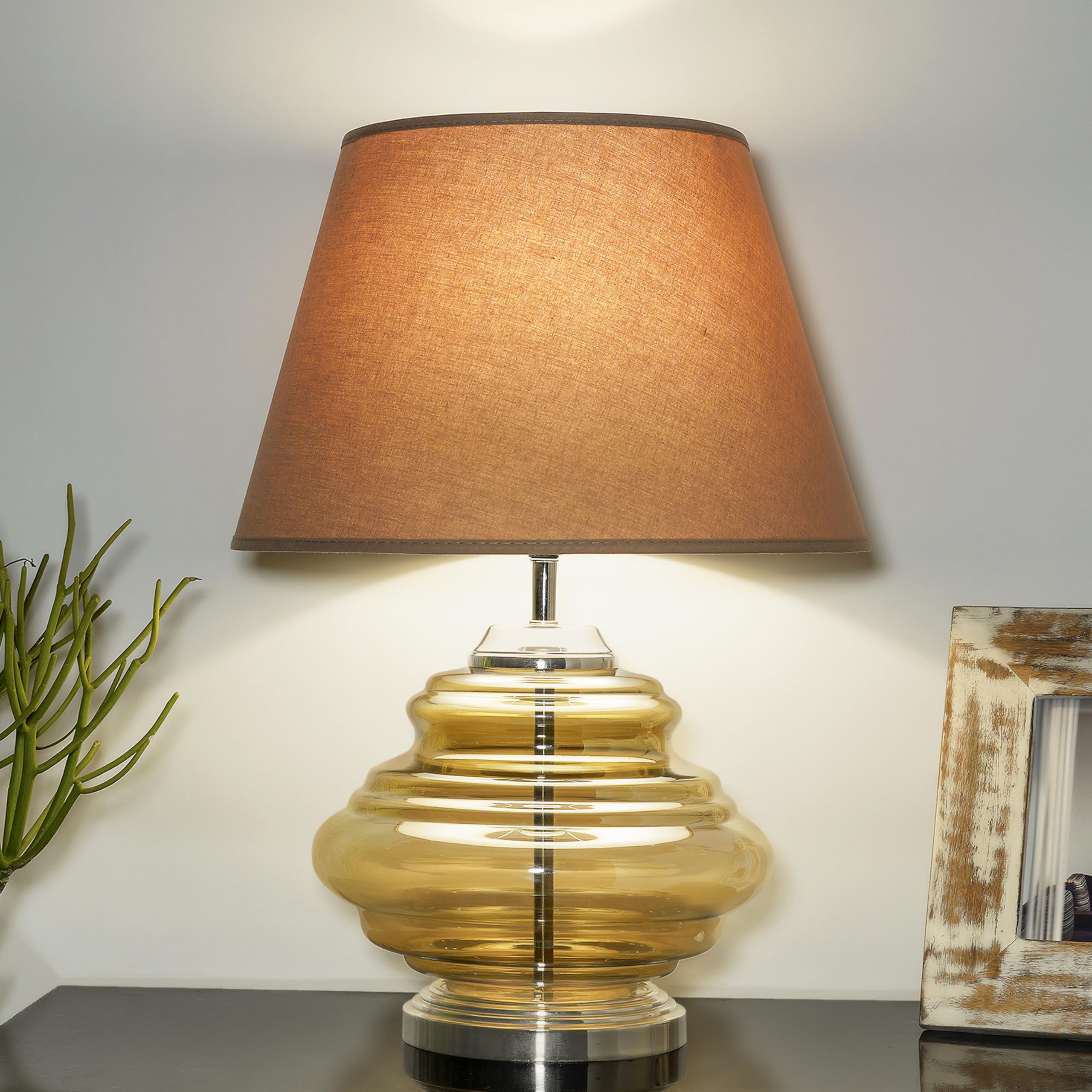 KAPOOR LAMP SHADES Ceyda Smoke and Nickel Finish Table Lamp with Beige Cotton Shade | Modern Designer Bedside & Living Room Decorative Table Light (Bulb Included)-picture-12