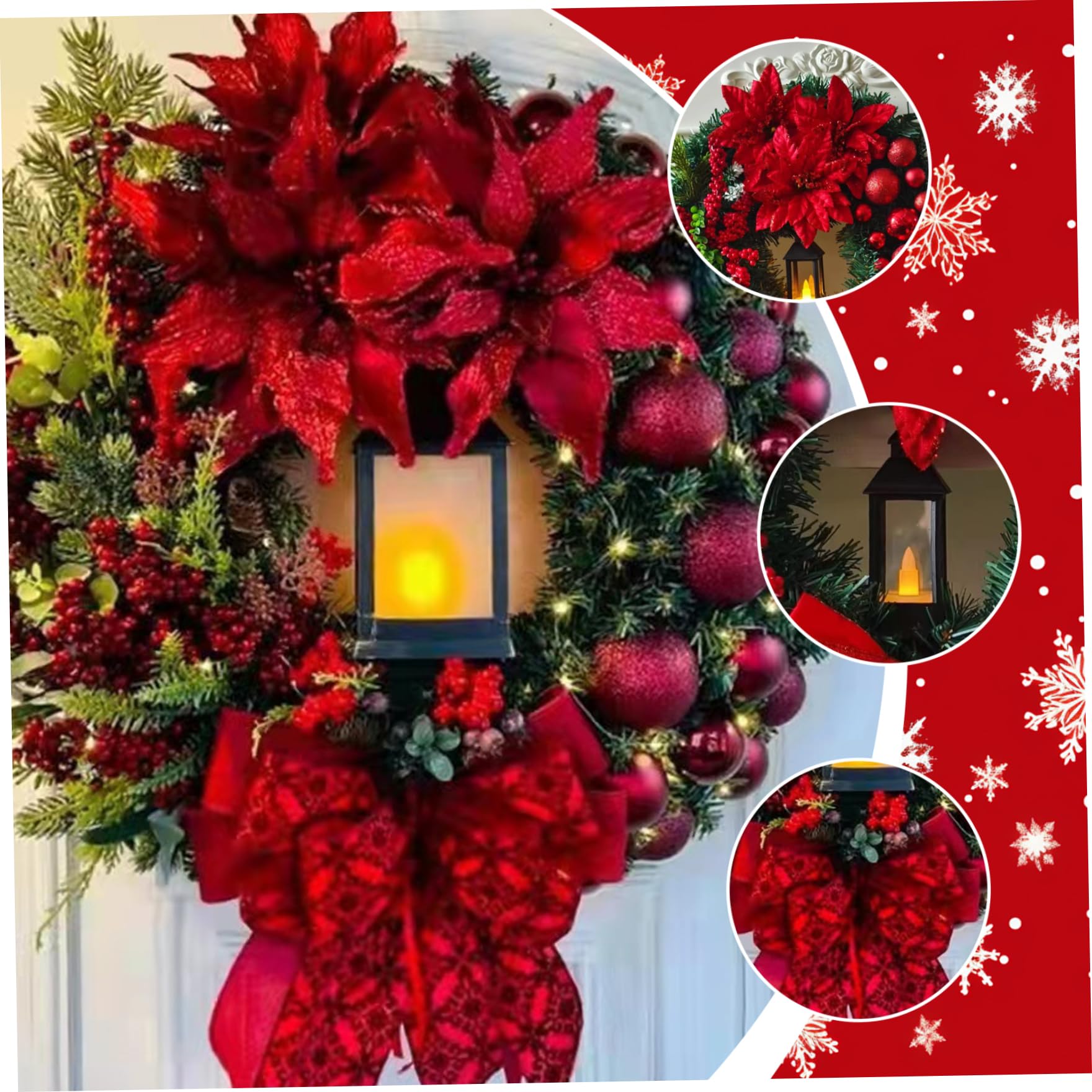 16 Coronas navideñas para Puerta de Entrada con luz y Lazo - Corona de Puerta roja Artificial para decoración Interior y Exterior - Navidad