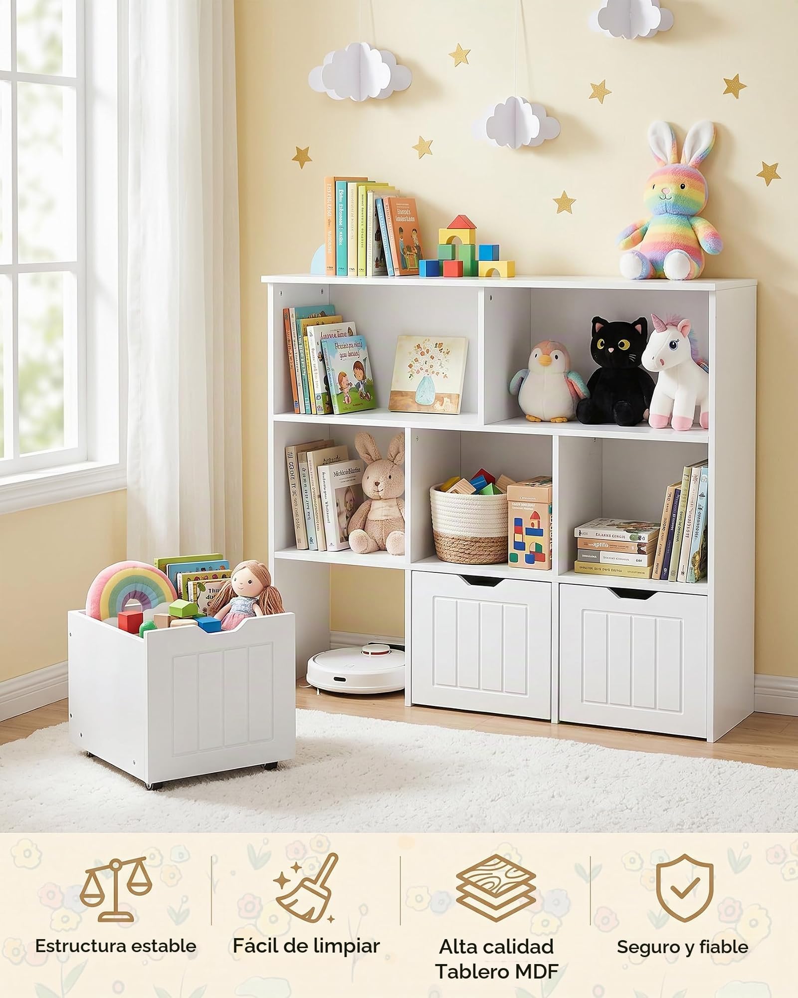 Organizador de Juguetes con Cajones, Estanteria Infantil Montessori, Mueble Almacenaje para Habitación Infantil, Librería con 5 Estantes, Estante para Niños, Blanco 100x33x89.5cm