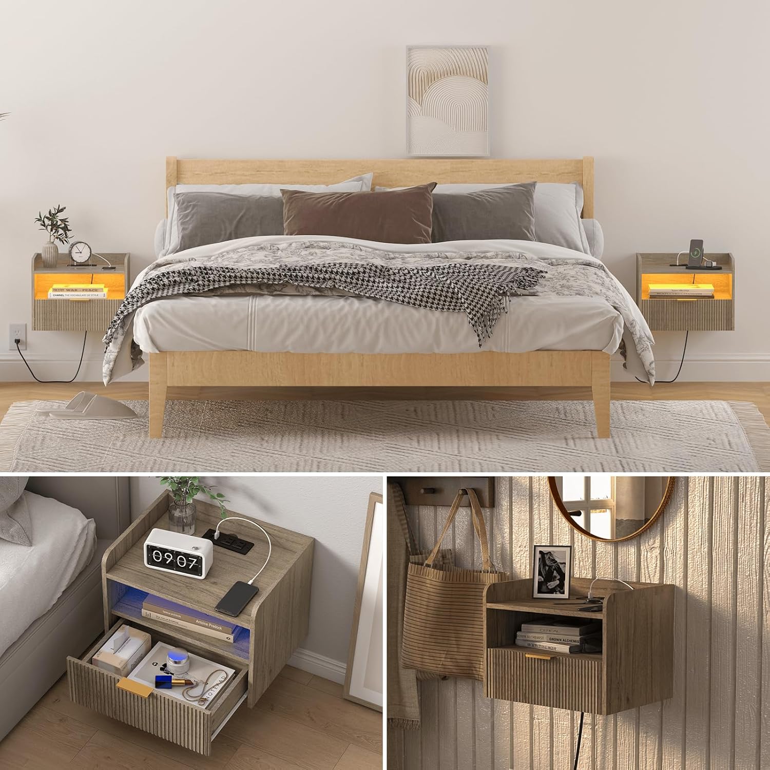 Veegle White Floating Nightstand with Charging Station and LED Lights (Grey)