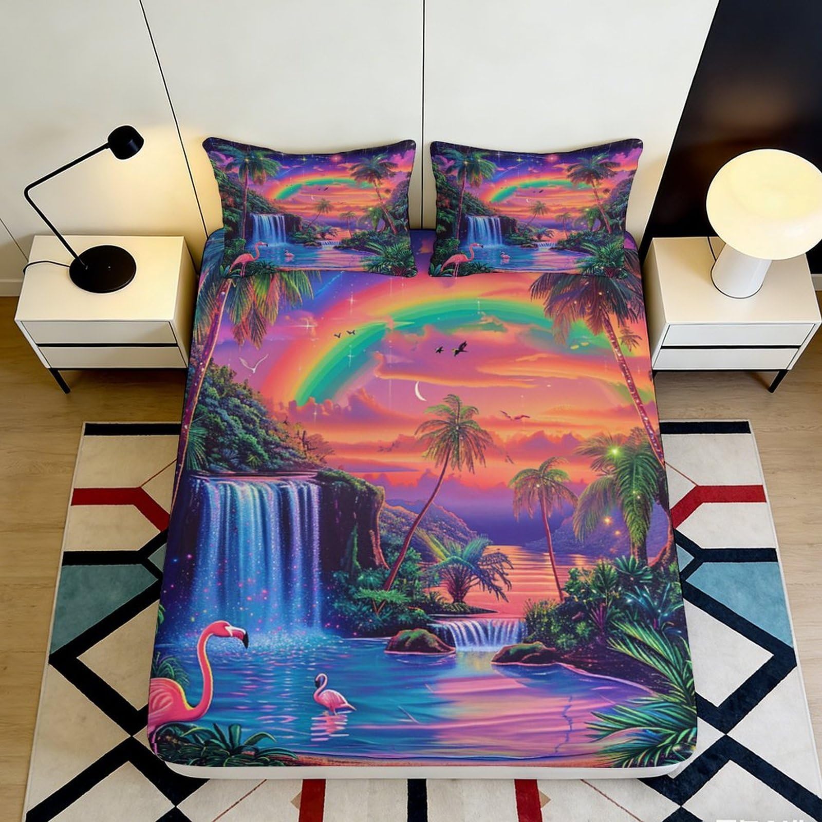 Zfldkwgb Style-2 3D Printed Tropical Sunset Fitted Sheet Microfiber Flamingo Waterfall Mattress Cover Vibrant Bedroom Home Décor 90X200x25cm