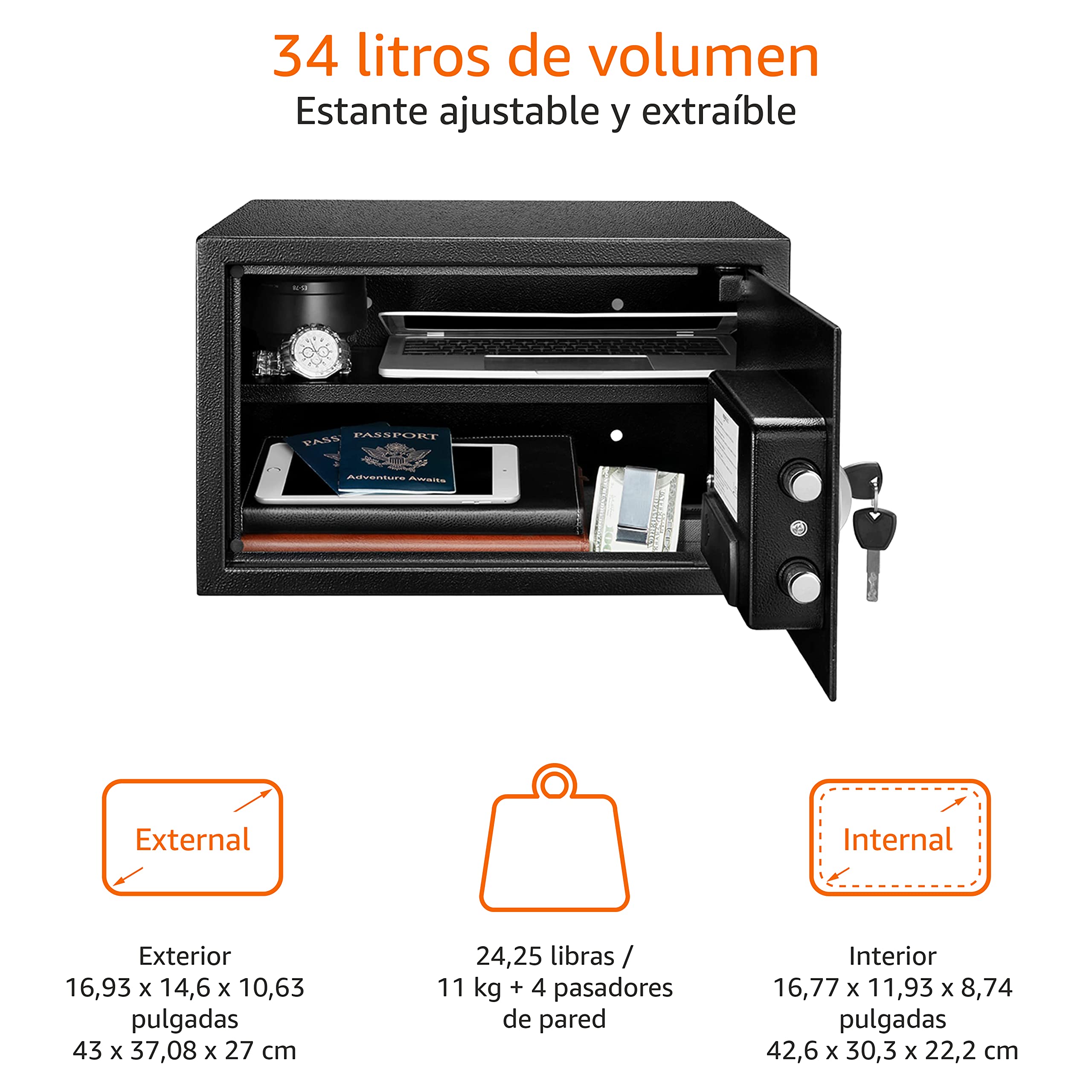 Amazon Basics Caja Fuerte de Seguridad de Acero con Cerradura con Teclado, Protege Dinero, Joyas, Documentos de identificación, 14 l, 35 cm x 25 cm x 25 cm, Color Negro — view 32