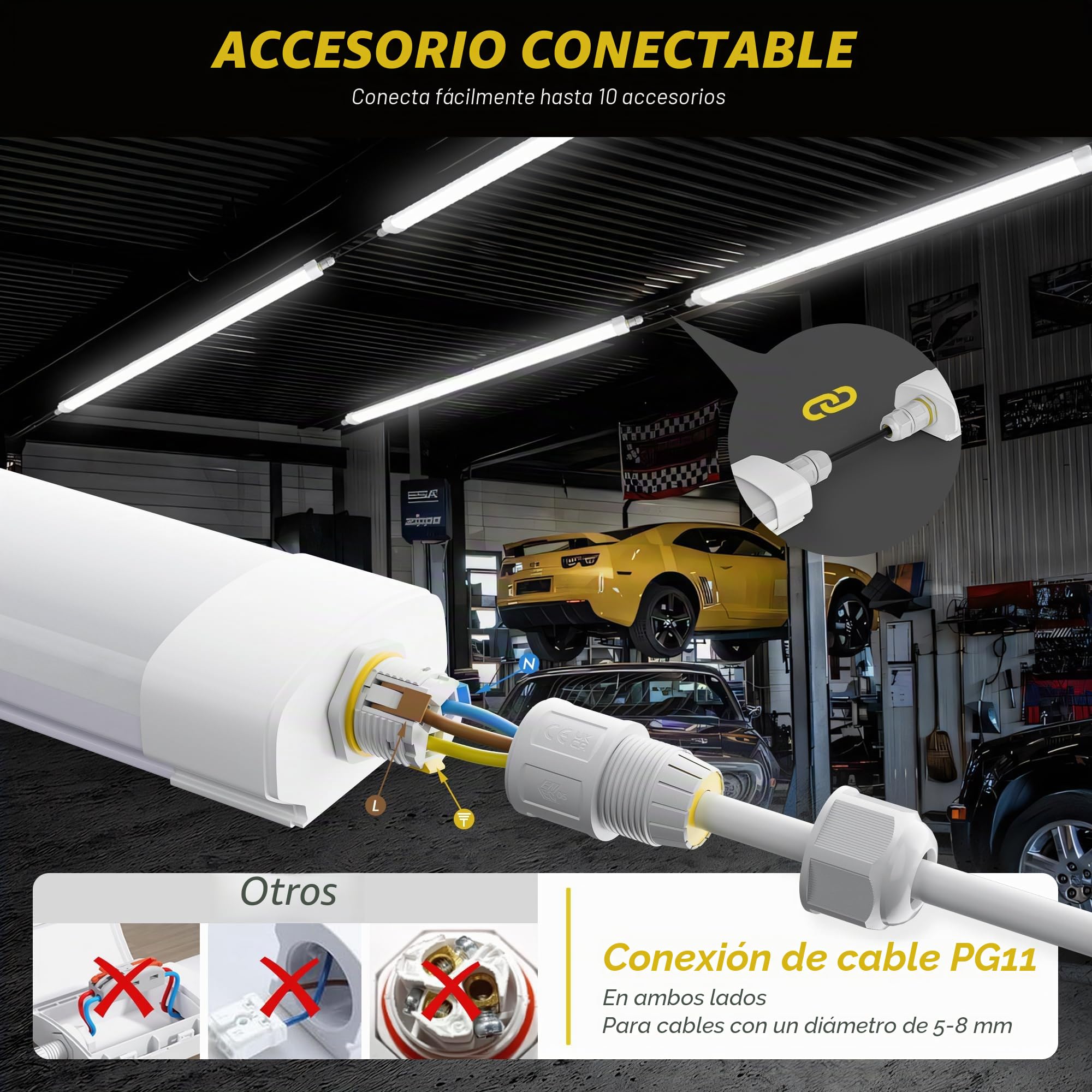 GeyouLux Fluorescente LED 150cm Plafon, 60W 7560lm 5000K IP65 Estanca Tubo, Sin Parpadeos Pantalla LED, Con Cable de Puesta a Tierra y Conexión en Serie, 240 LEDs para Taller Garaje Cocina, Blanco