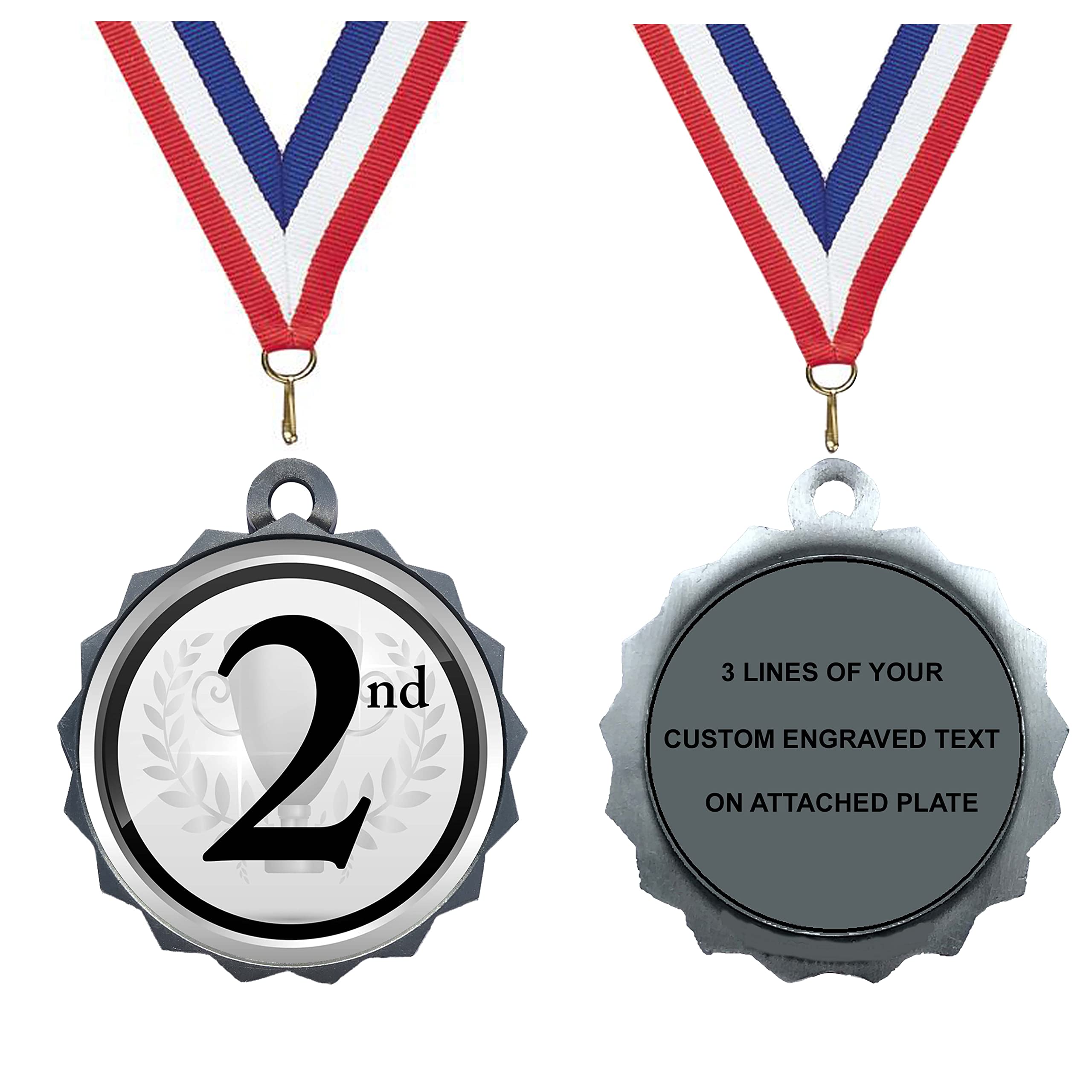 Express Medals 1 to 50 Packs of Engraved 2nd Place Silver Medal Trophy Award with Neck Ribbon & Attached Engraved Plate on Back LAZD214-EG302