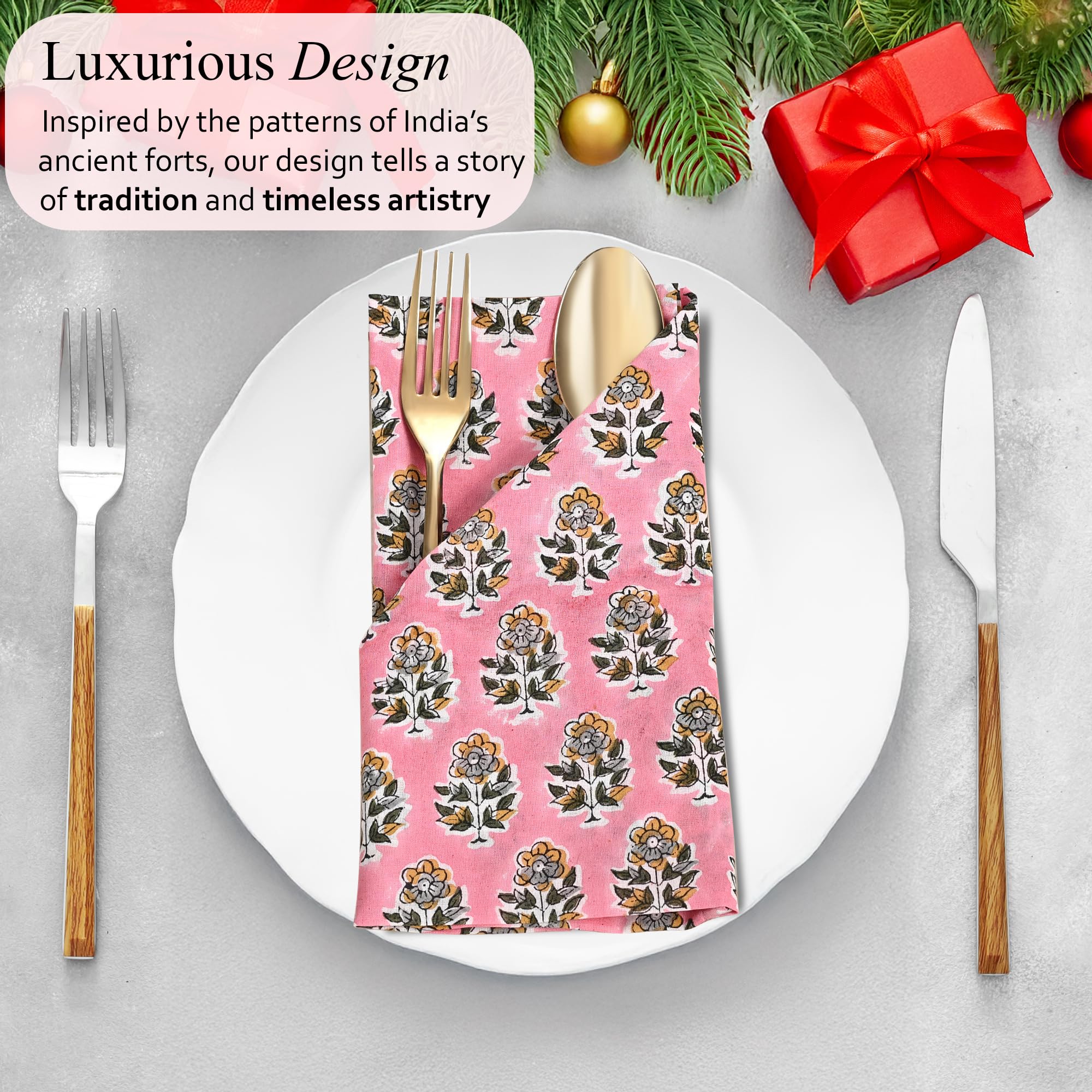 CPC - Juego de 6 servilletas de Tela de algodón Impresas con Estampado de Bloques para Cena, servilletas Florales de Tela de cóctel de Boda, 18 x 18 Pulgadas, Color Rosa Amapola