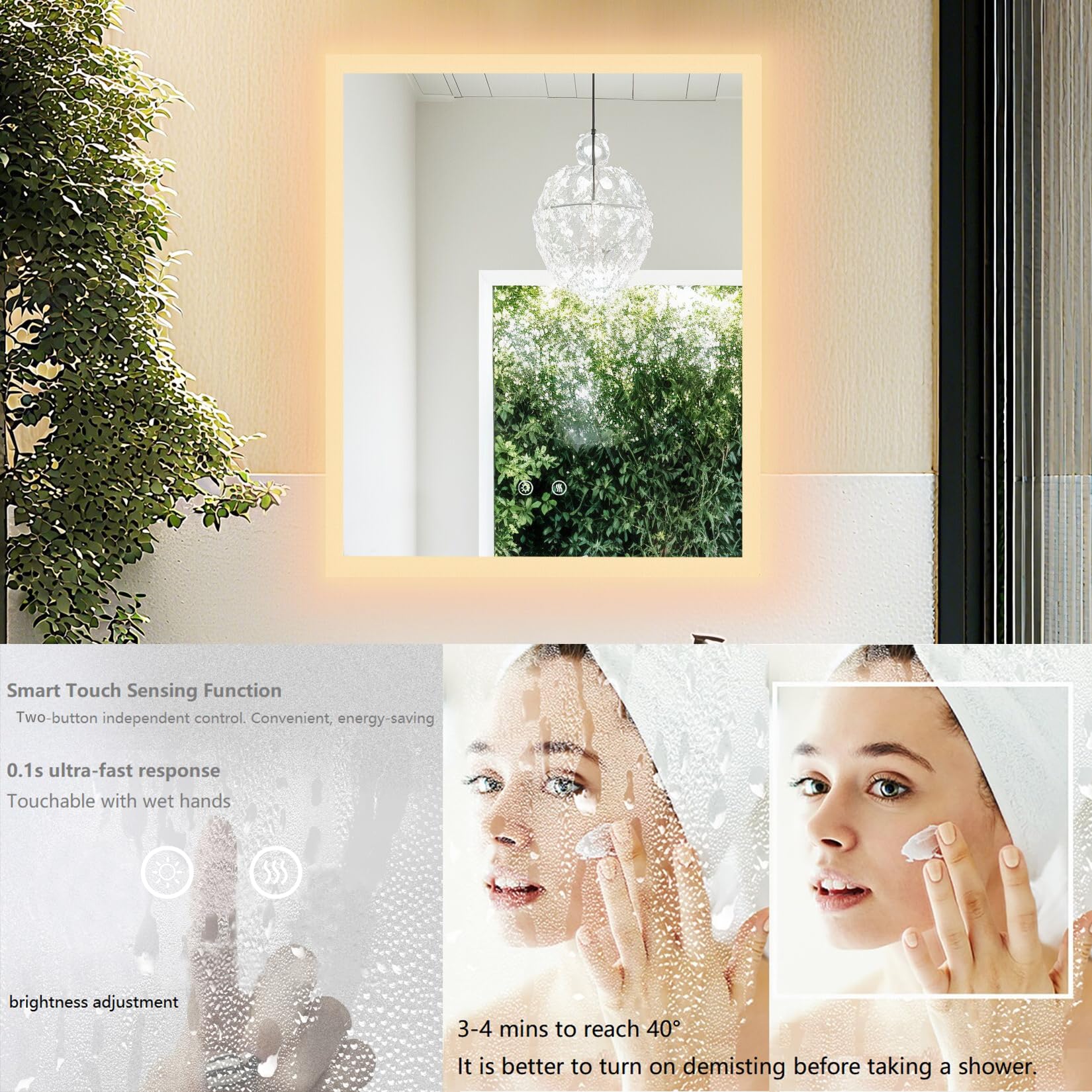 LUVODI Miroir Salle de Bain avec Éclairage 40x50 cm : Miroirs LED Rétroéclairé Anti-Buée, Luminosité Dimmable et 3 Couleurs Réglables, Fonction Mémoire, Verre HD, Étanche IP66, Température 3000K-6000K