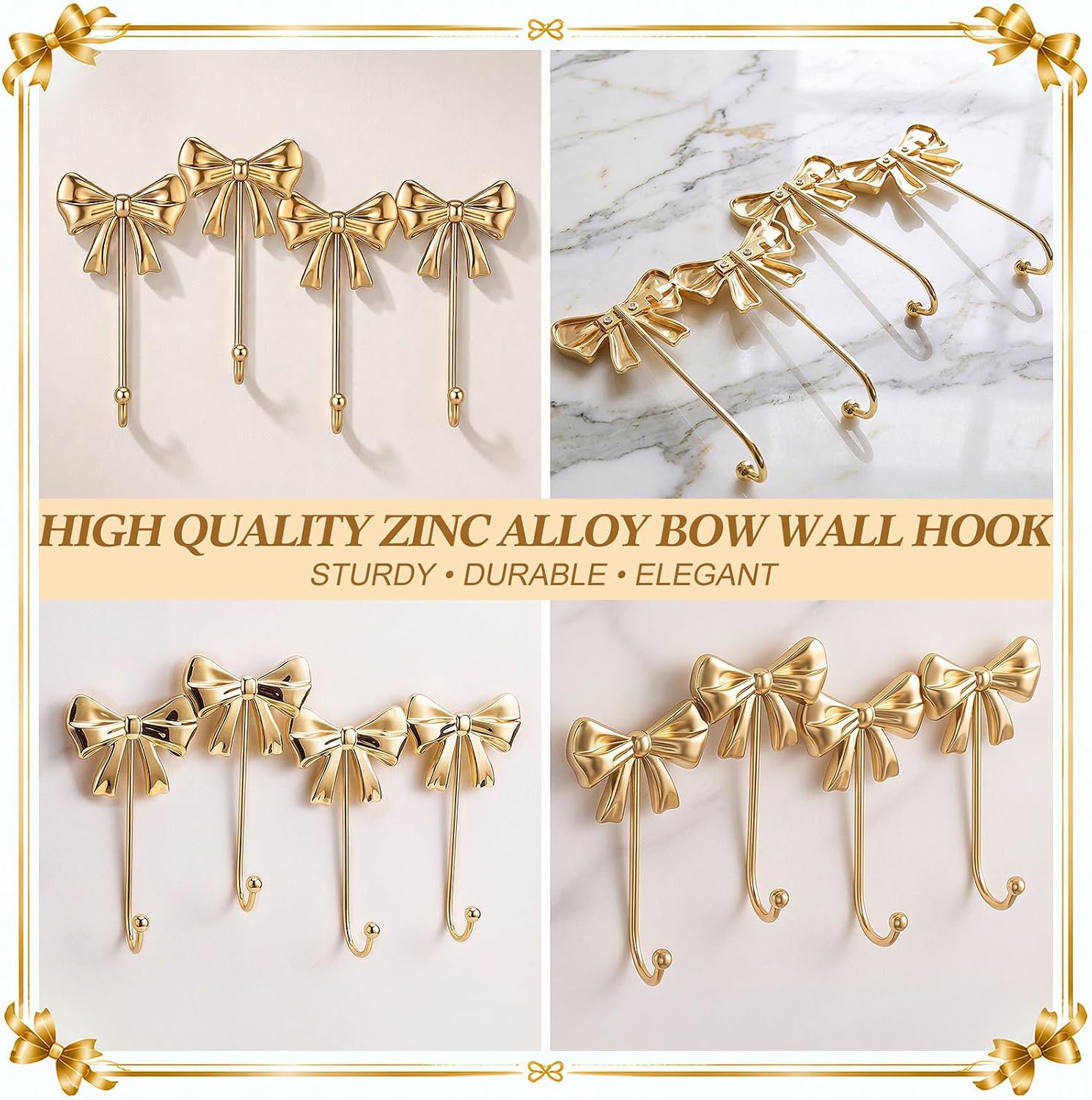 Chumia 2 Sets Gold Bow Wall Hooks, 11 x 7 Inch Metal 4 Hook Design for Hang
