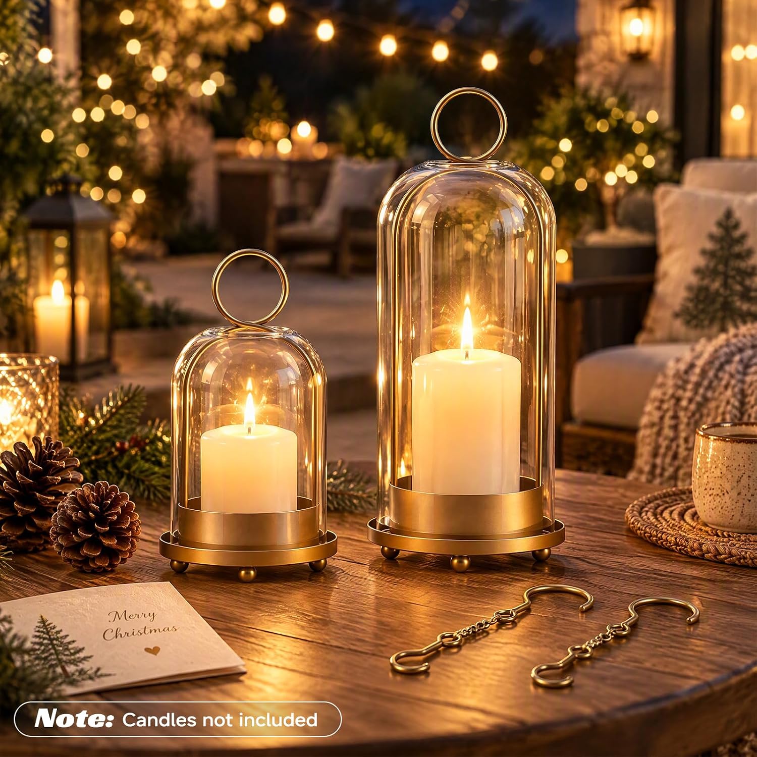 5"&4" Hurricane Glass Candle Holders, Gold Candle Holder with Hook Chains, Glass Cylinder Candle Holders for Pillar Candles, Large & Small Candle Holders Decor for Home Wedding Table Centerpiece
