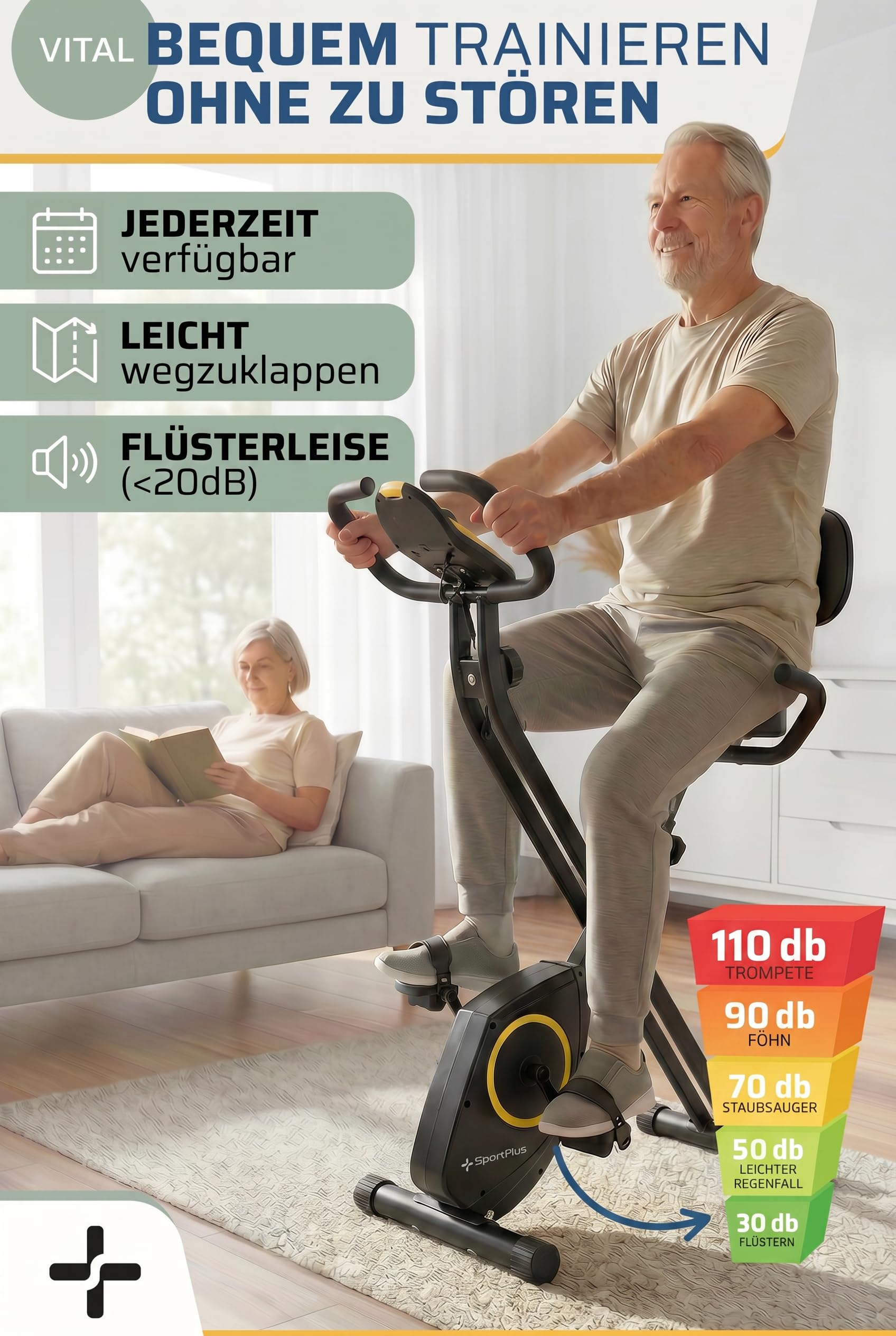 SportPlus Heimtrainer Fahrrad klappbar - Hometrainer Fahrrad klappbar - extra leiser Heimtrainer für zuhause - Indoor Bike Platzsparend & Faltbar Fitnessbike App kompatibel
