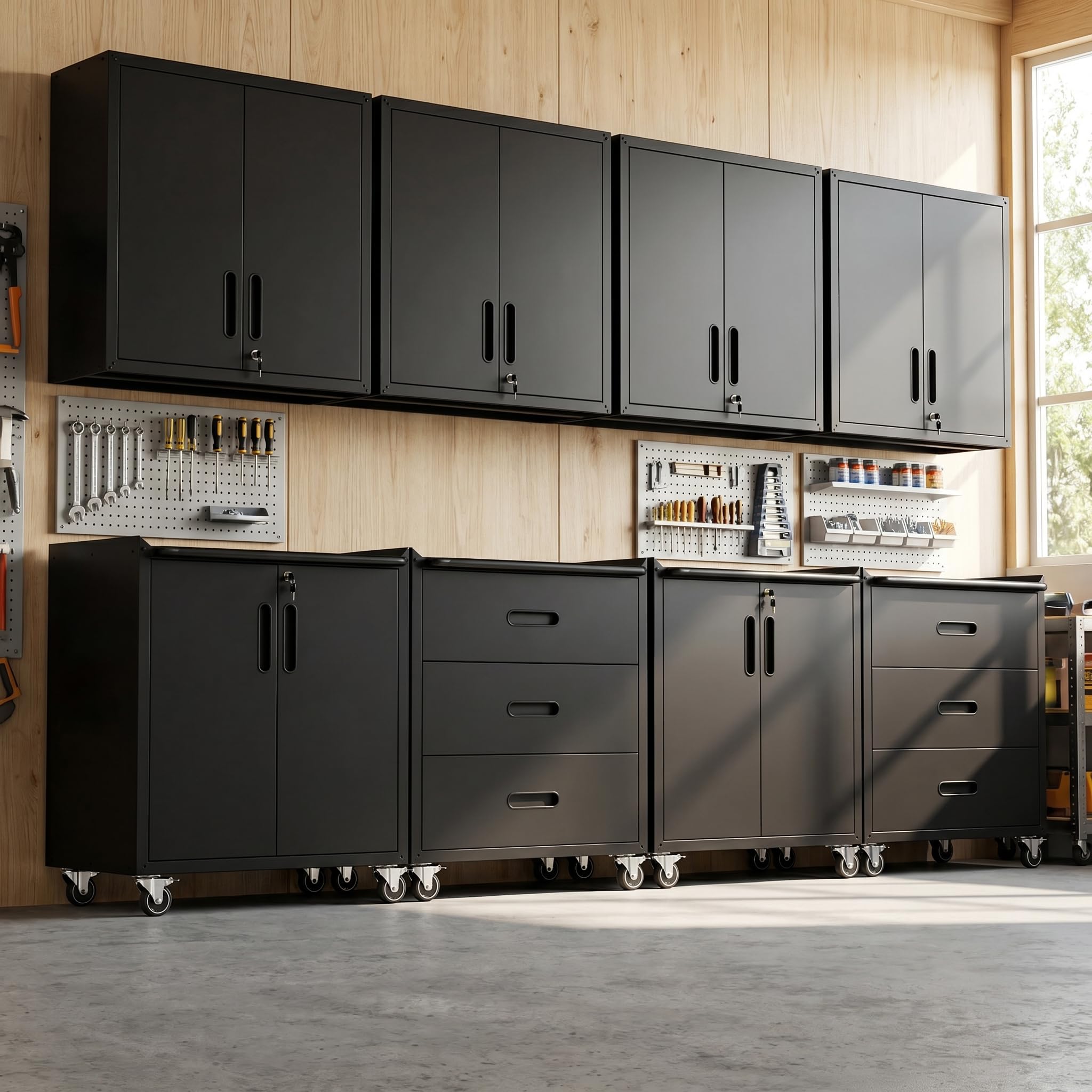 Garage Cabinet System | Heavy Duty Steel All-in-One Modular Garage Cabinet Set for Ultimate Workshop Organization | Easy Assembly Garage Storage Cabinets &amp; Tool Bench
