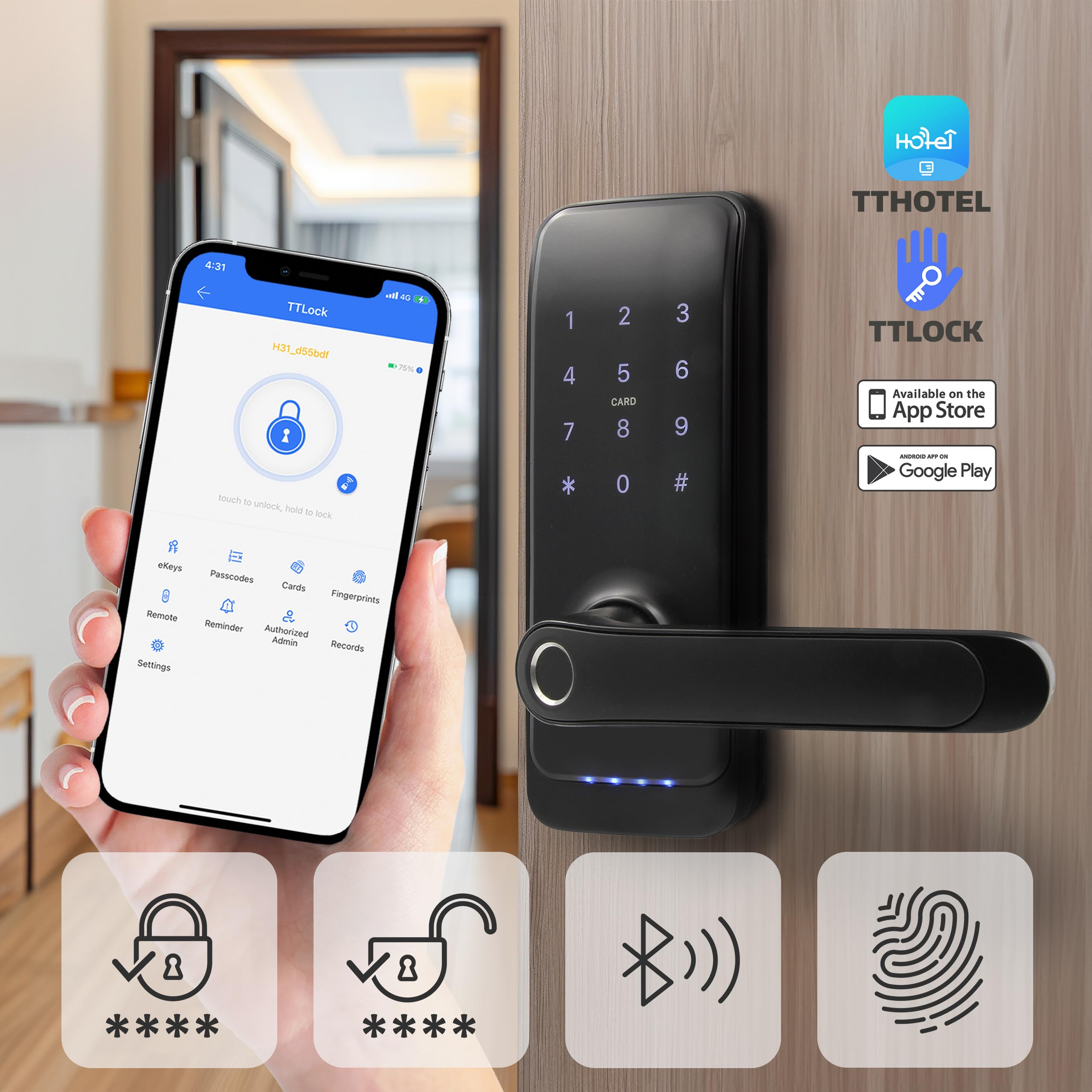 EURA ELH-01H4 Serrure de porte intelligente avec poignée, serrure à code, lecteur de proximité 13,56 MHz, lecteur biométrique, application TTLock/TTHotel, IP65, distance universelle des verrous, noir