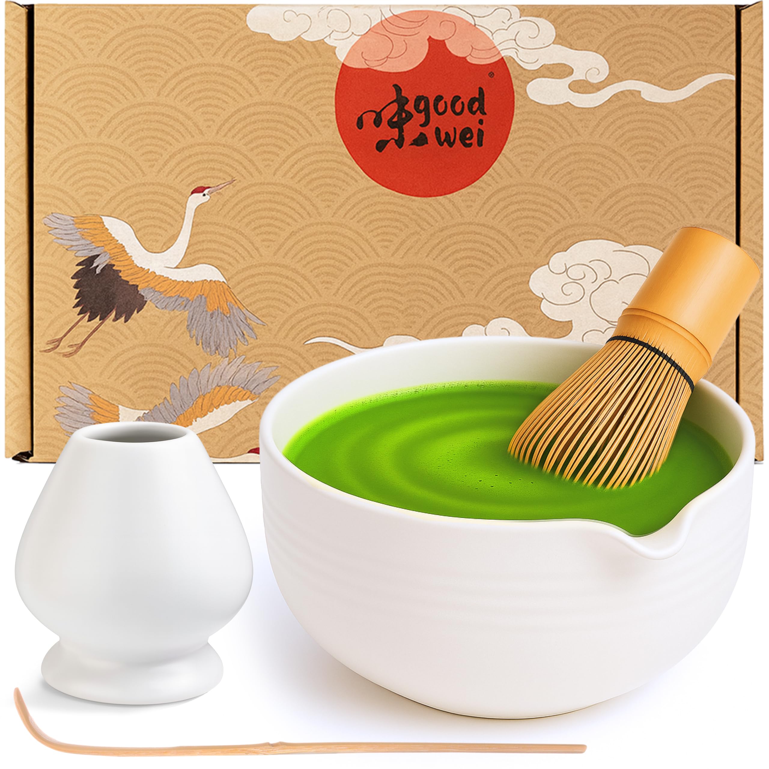 Goodwei Zestaw Matcha Latte do Herbaty Matcha z Miską, Trzepaczką Bambusową, Podstawką, Łyżeczką i Matchą Ekologiczną – Zestaw do Ceremonii Herbacianej i Matcha Latte (Camellia White)