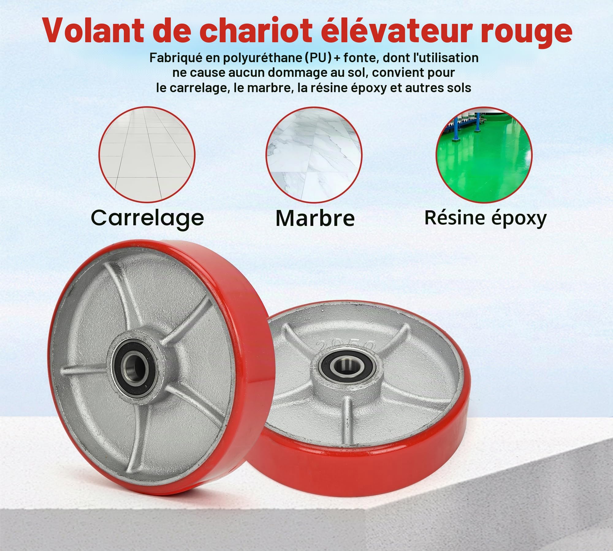 bimiti Lot de 2 roues pour chariot élévateur en polyuréthane/PU Ø200 x 50 mm, axe 20 mm avec roulement à billes, roulettes de rechange, roulette pivotante pour chariots à palettes, charge max. 3000 KG