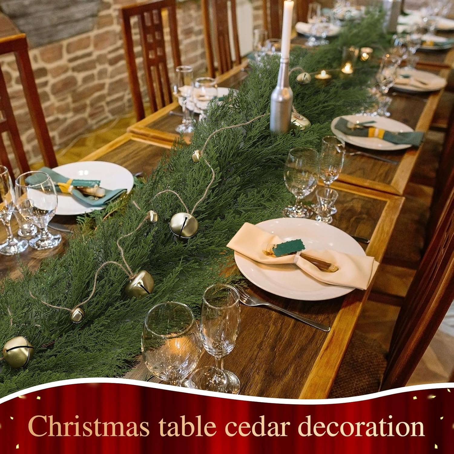 Shihanee 5 Feet Christmas Artificial Cedar Garlands with Metal Vintage Bell on Rope Realistic Soft Green Cedar Garland Faux Xmas Greenery Garland for Holiday Indoor Mantle Fireplace Decor - Image 5