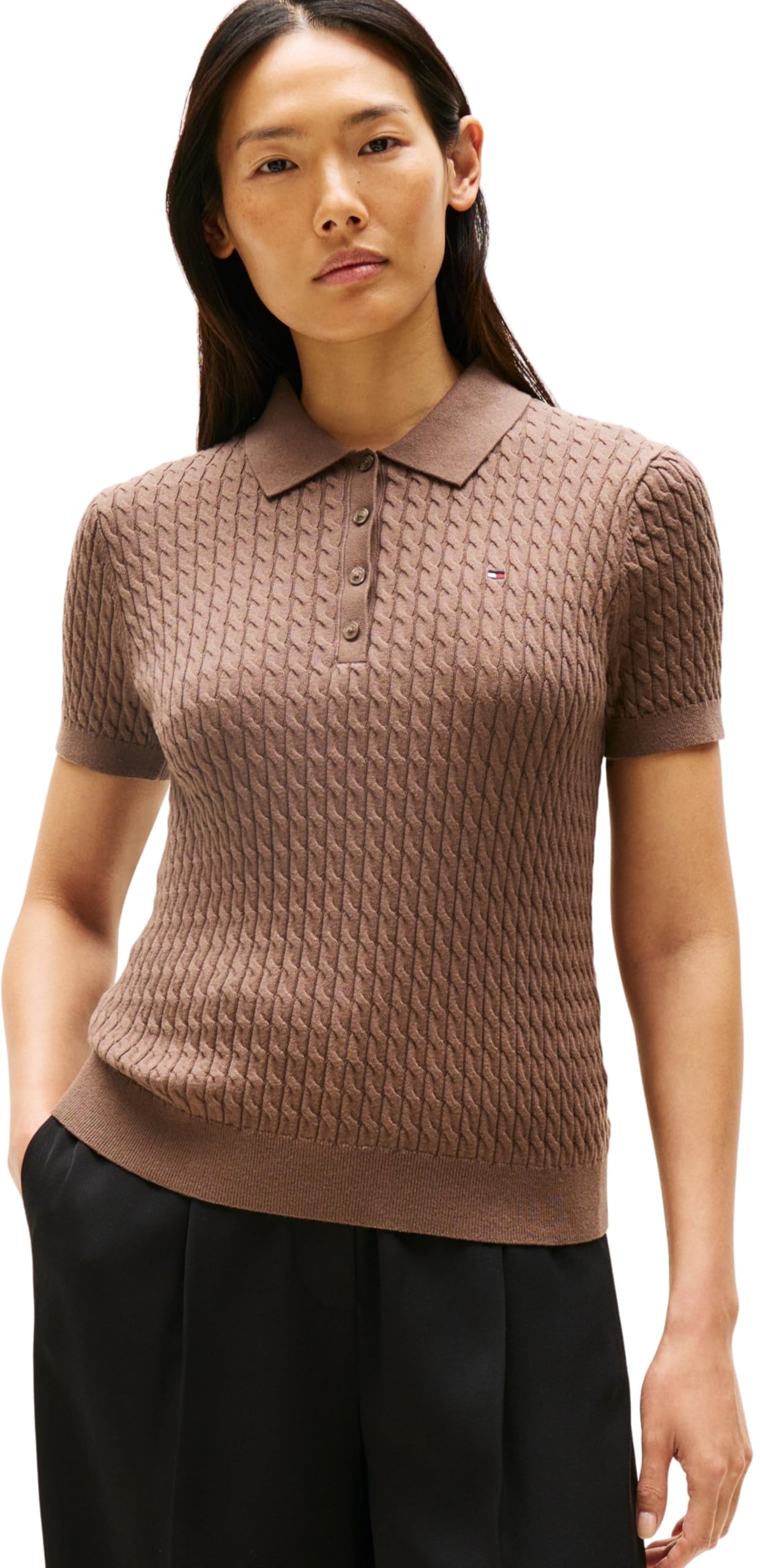 Tommy Hilfiger Damen Poloshirt Kurzarm Cable Sweater mit Knopfleiste