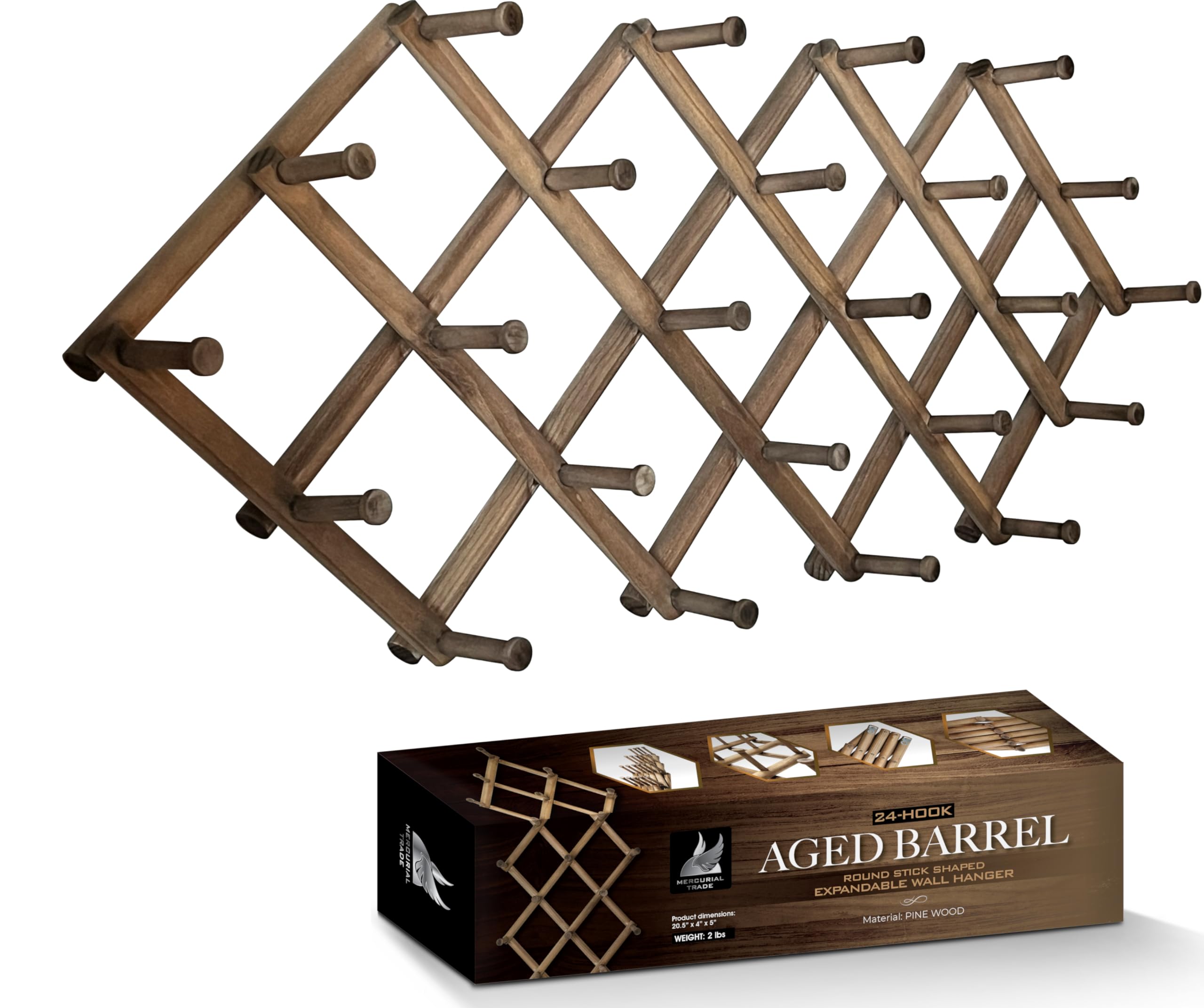 Photo 1 of Round Stick Shaped Expandable Wooden Coat Rack Hanger – 24-Hook Accordion Wall Mounted Pine Wood Hooks – Hand Made Vintage Expending Pegs – Hang Coat, Jacket, Hat, Bag – Aged Barrel 24 Hooks Aged Barrel