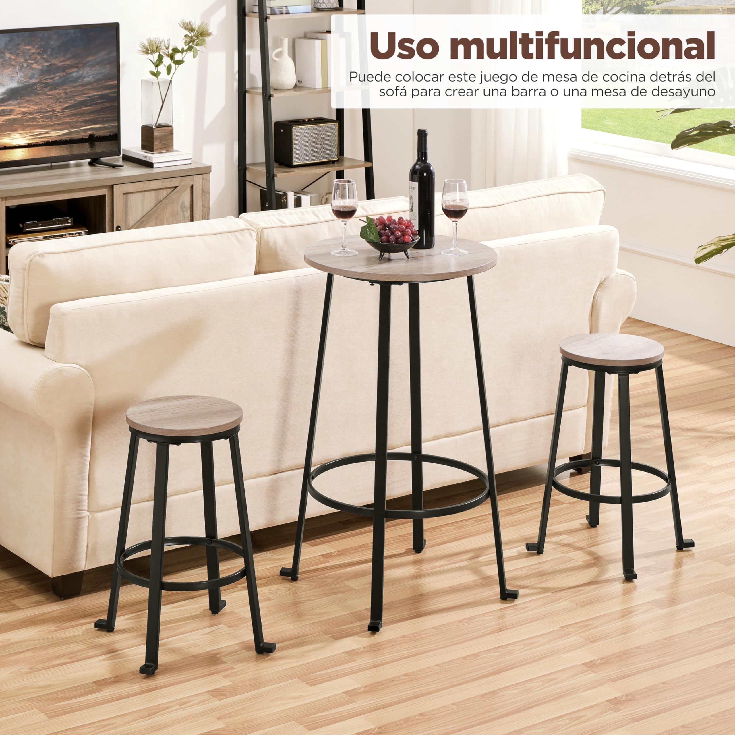 Yaheetech Juego de Sillas y Mesa Conjunto de Taburete y Mesa para Comedor Cocina Juego de Mueble 2 Sillas Taburete para Bar Pata Metal Taburete Mesa Alta Gris