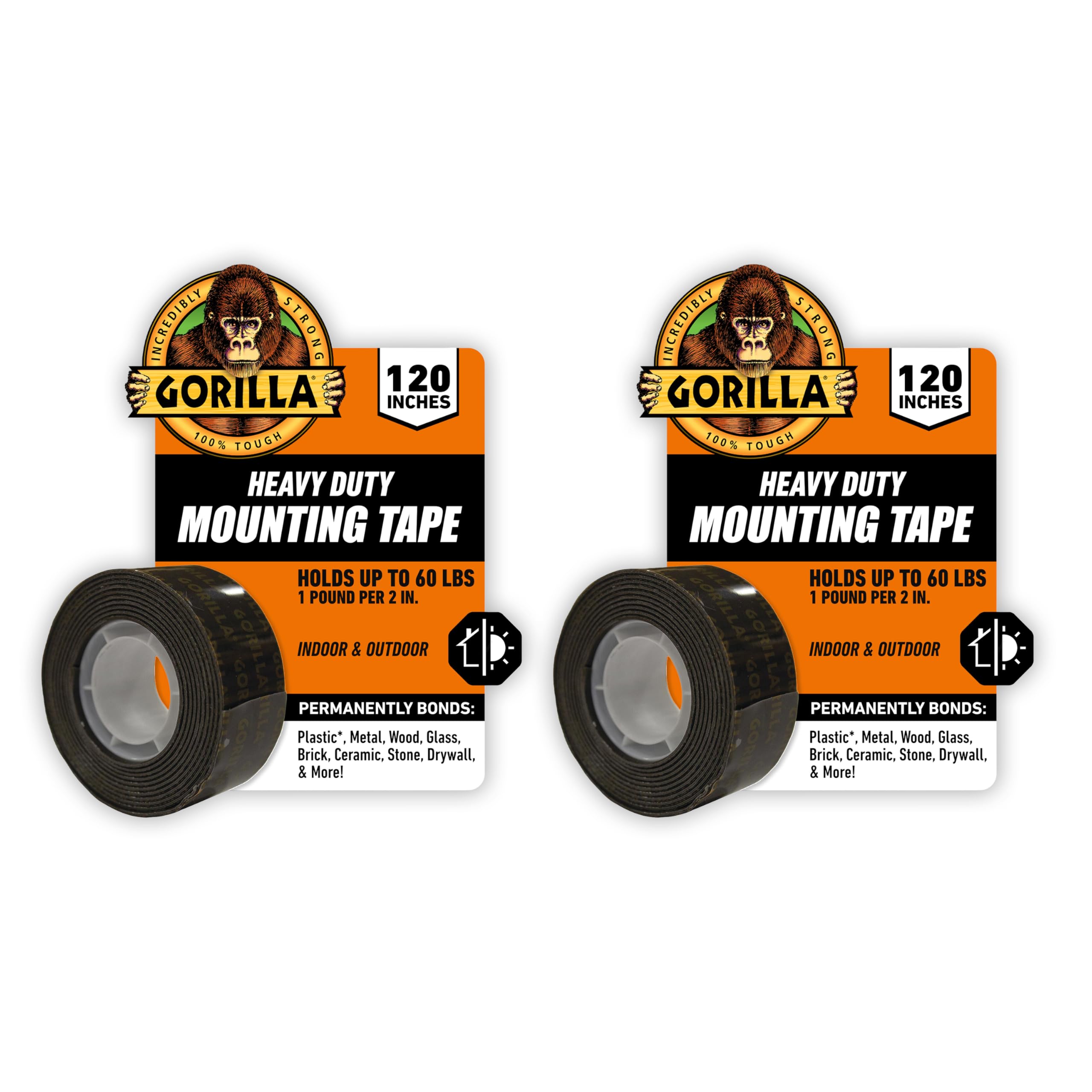 Gorilla Heavy Duty Double Sided Mounting Tape, Black Tape, 1" x 120" (Pack of 2) - Weatherproof for Indoor or Outdoor