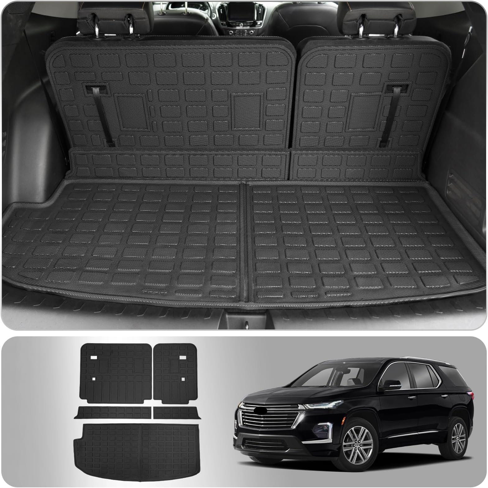 Cargo Mat Compatible with 2018-2023 Chevrolet Traverse Cargo Liner Trunk Liner Trunk Mat TPE All Weather Back Seat Cover Protector 2022 Traverse Accessories (Trunk Mat+Backrest Mats)