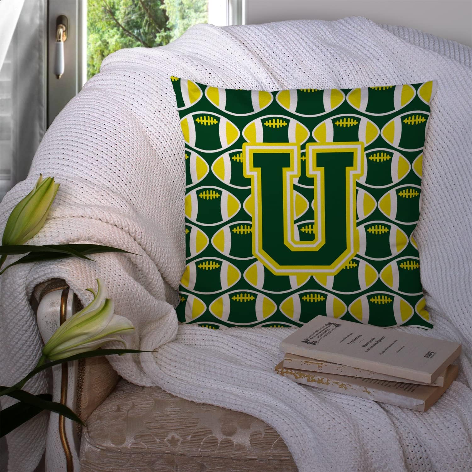 Caroline's Treasures CJ1075-UPW1414 Letter U Football Green and Yellow Fabric Decorative Pillow Machine Washable, Indoor Outdoor Decorative Pillow for Couch, Bed or Patio, 14Hx14W