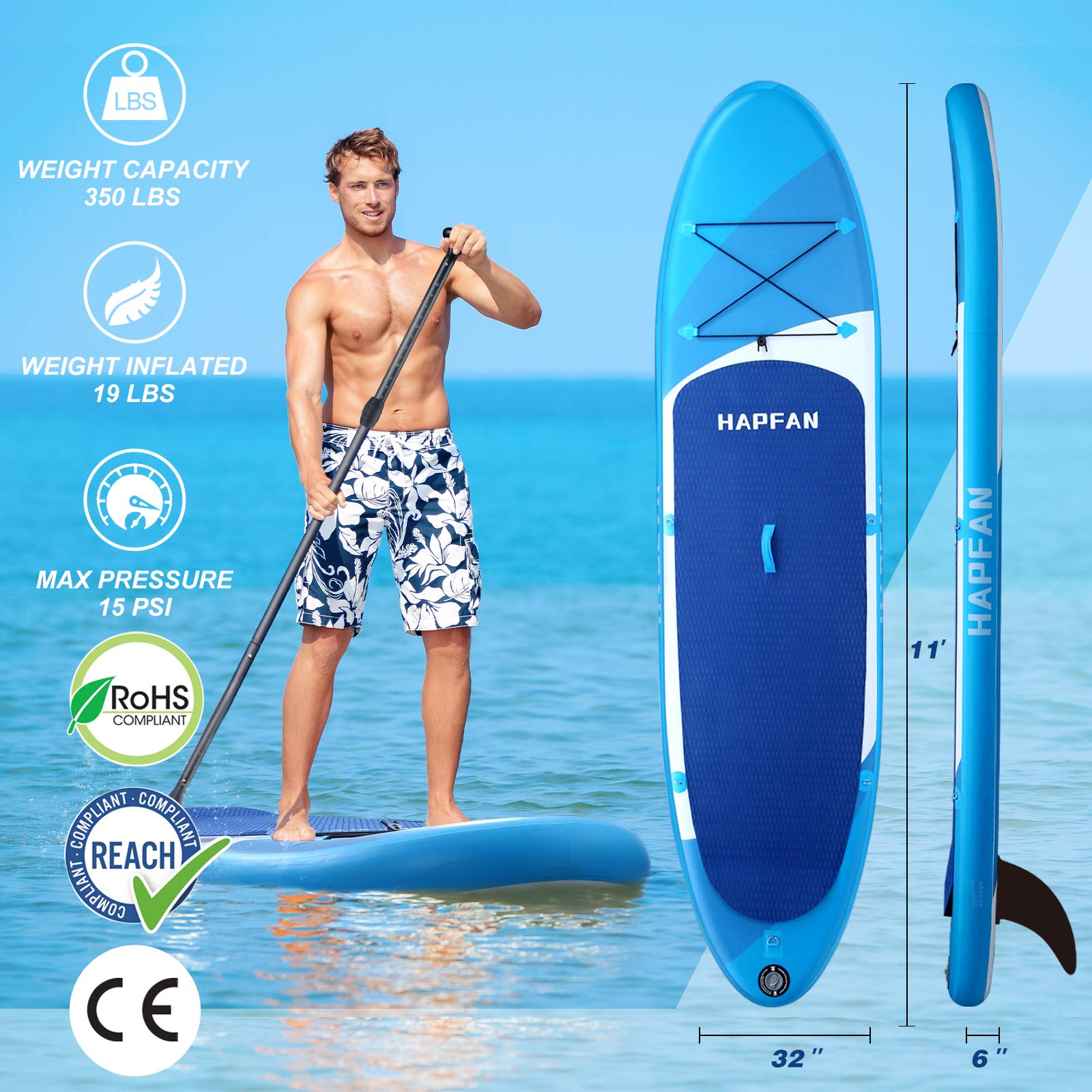 Hapfan Inflatable Stand Up Paddle Board 11’ x 32” x 6” w/High Pressure