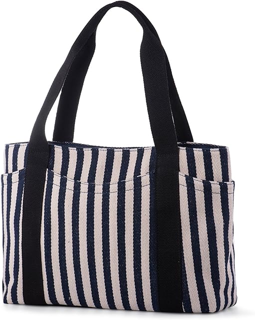 LaRechor Stripe Canvas Women's Tote Bag Long Handle Ladies Handbags Large Shoulder Bag with Compartments Shopping Work Travel