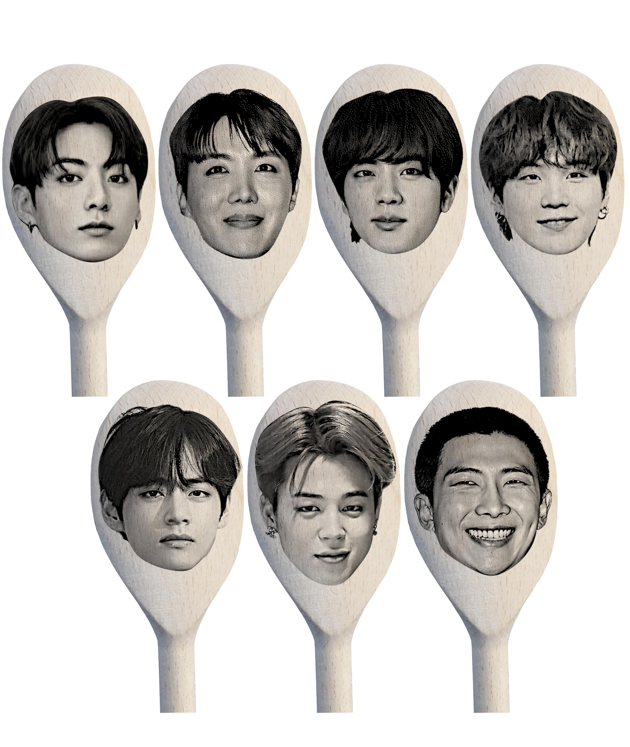 K-Pop Band BTS Gift Idea, KPop Fan Funny Korean Pop Band Merch, Engraved on Wooden Spoons. RM, Jin, Suga, J-Hope, Jimin, V, and Jungkook. ARIRANG album extra present.