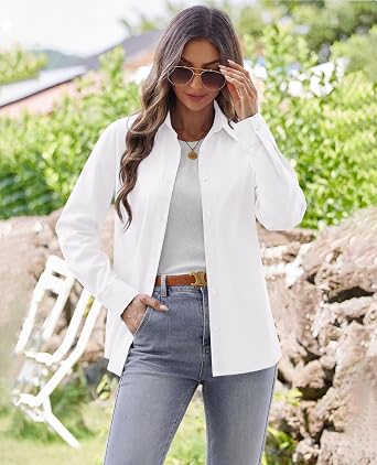 siliteelon Plaid Shirts for Women Cotton Gingham Top Button Down Long Sleeve Casual Collared Dress Shirts Work Blouse