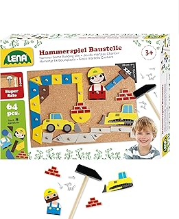 Lena 65828 Hammering Game, Building Site Game, Nail Game with 64 Pieces in 7 Shapes and 8 Building Site Parts, Cork Base Plate, Approx. 28 x 19.5 cm, hammer and nails, hammering game for children over 3 years