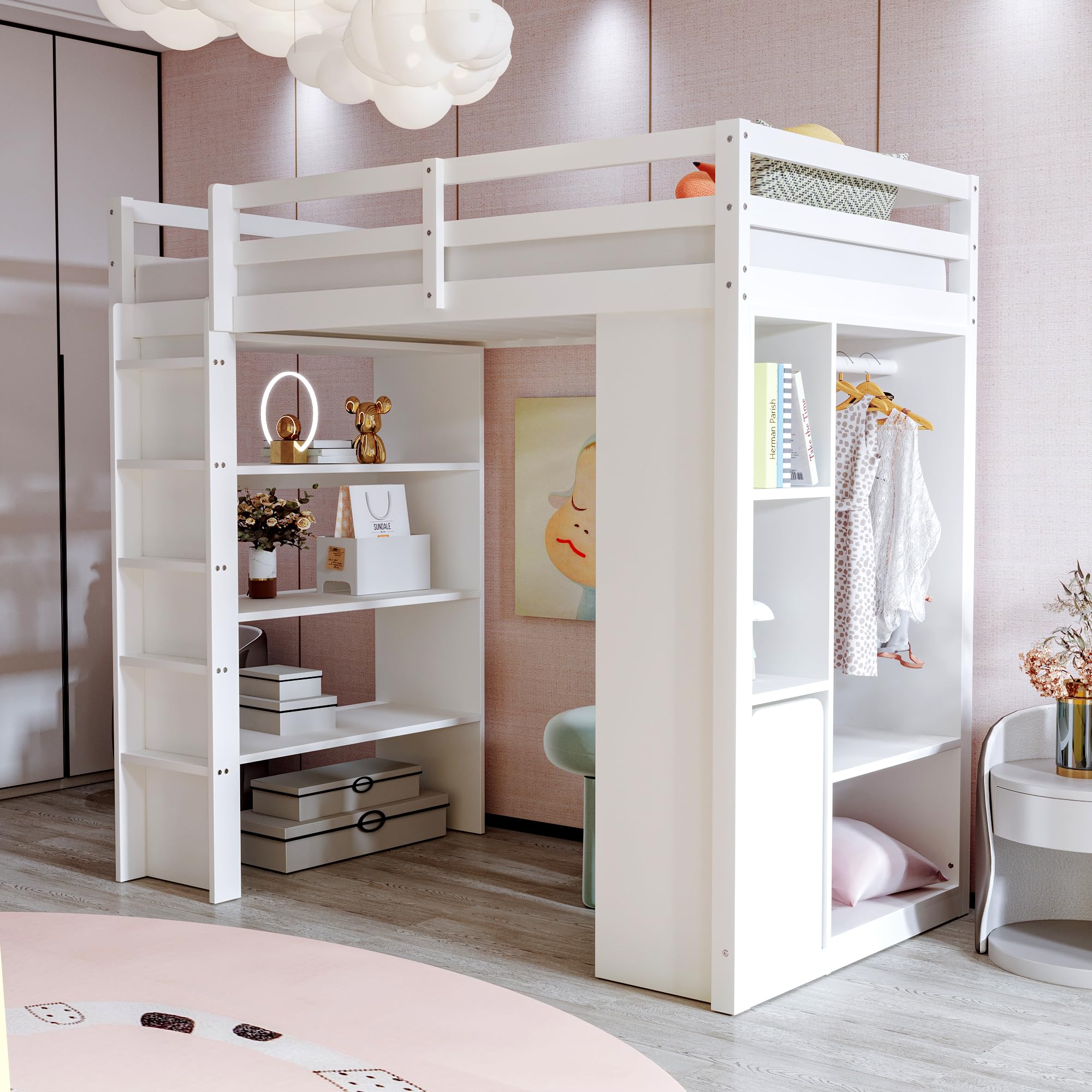 Azkoeesy Cama Individual Alta 90x200 cm, con 3 Grandes estantes de Libros, Perchero, Carro, somier y barandilla, para Adolescentes y Adultos, Madera de Pino, Color Blanco