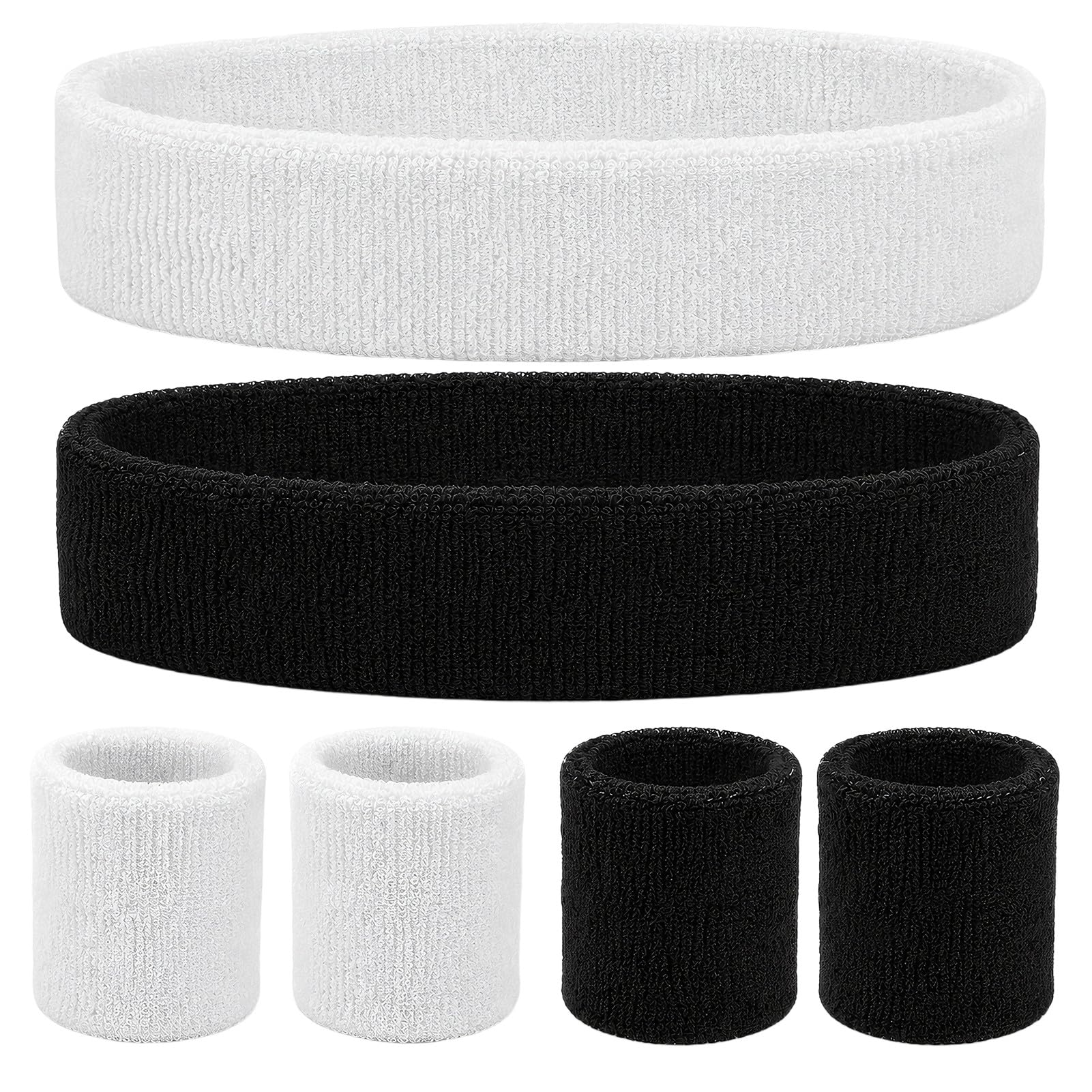 Sweat Bands Wristbands, 6 Pieces Wrist Bands Set, Black & White Sport Set, Cotton Headbands & Elastic Wristbands for Gym, Running and Yoga