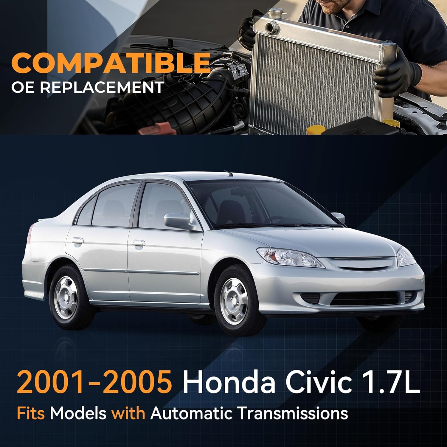 Auto Dynasty Radiator Compatible with 2001-2005 Honda Civic 1.7L AT, DPI 2354 Factory Style 1-Row Cooling Radiator, Aluminum Core