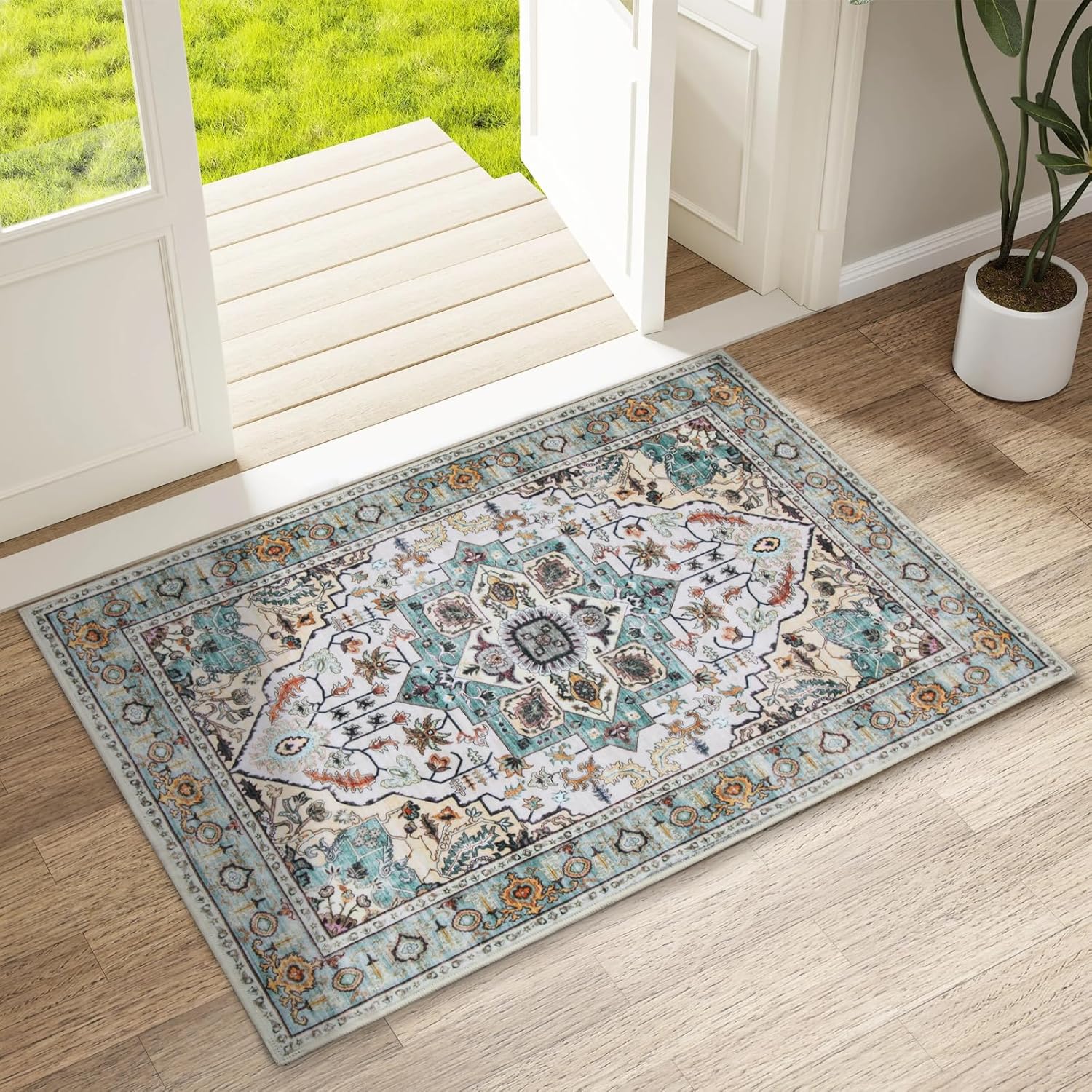 willsun washable area rugs, 2x3 non-slip boho small area rugs for entryway, kitchen, bathroom, machine washable vintage rug, indoor floral print carpet for home decor, kid & pet friendly mat beige/light blue 2' x 3' (rectangular)