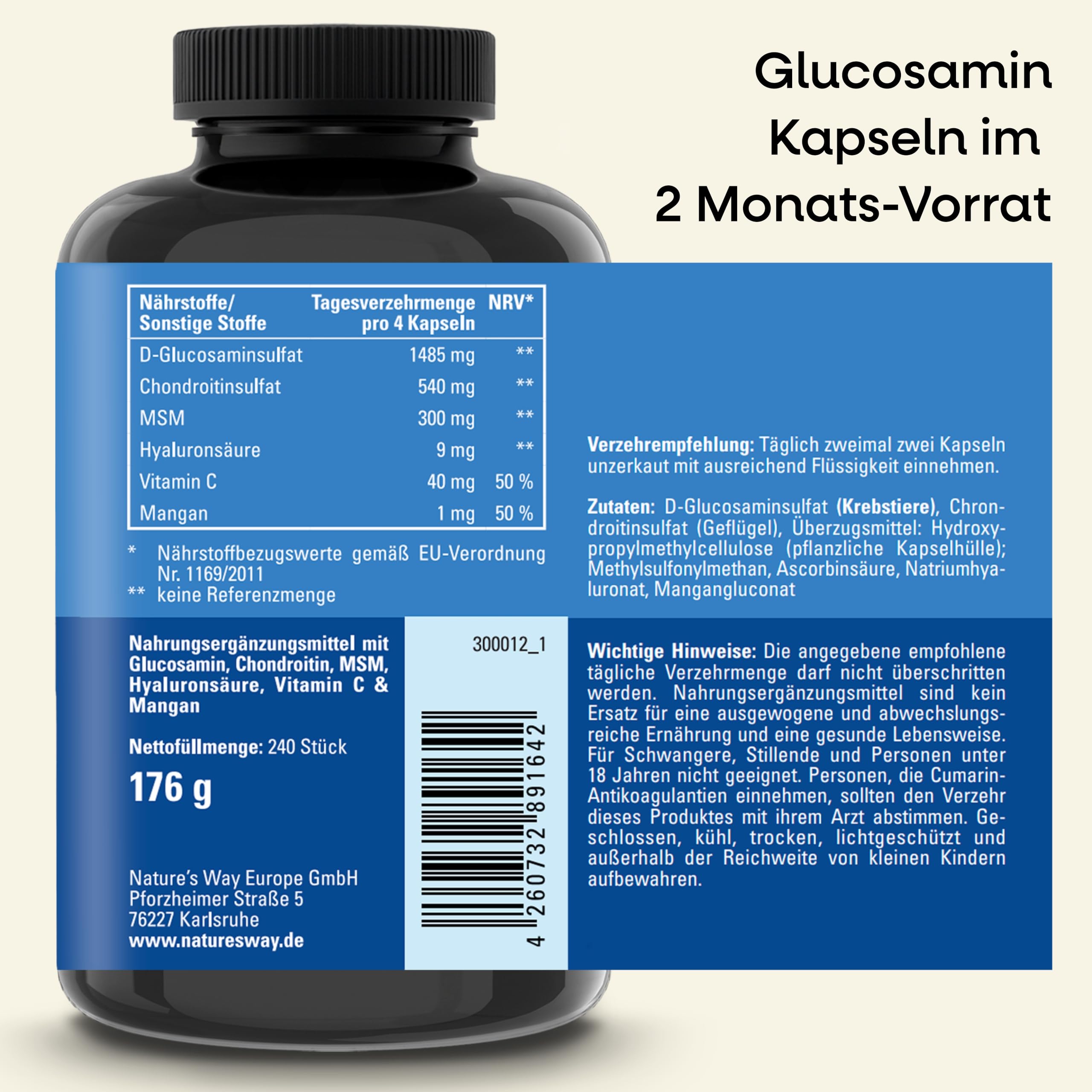 Glucosamin Chondroitin hochdosiert MSM Kapseln | 240 Stück | mit Vitamin C, Hyaluronsäure & Mangan | hochdosiert für Knorpel Knochen Kollagenbildung | laborgeprüft in Deutschland | 2 Monate Vorrat