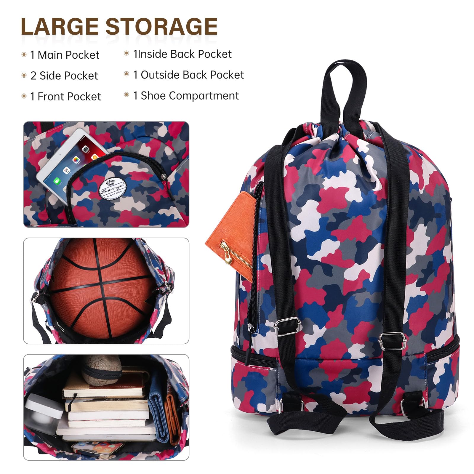 HUA ANGEL Unisex Drawstring Backpack Sports Gym Bag Drawstring Bag Weekend Daypack with Shoe Compartment for Women Men Basketball Football Outdoor Fitness Yoga Swimming Beach - Image 3