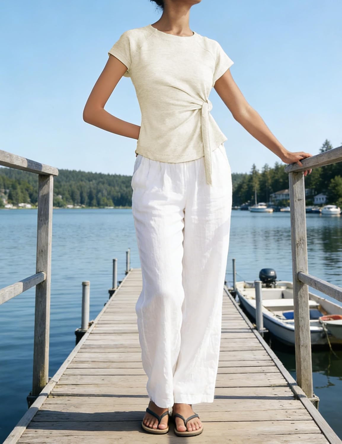 Women's Tie Belt Short Sleeve Pullover Summer Slim Fit Daily Casual Top Soft Stretch Activewear Gym T-Shirt