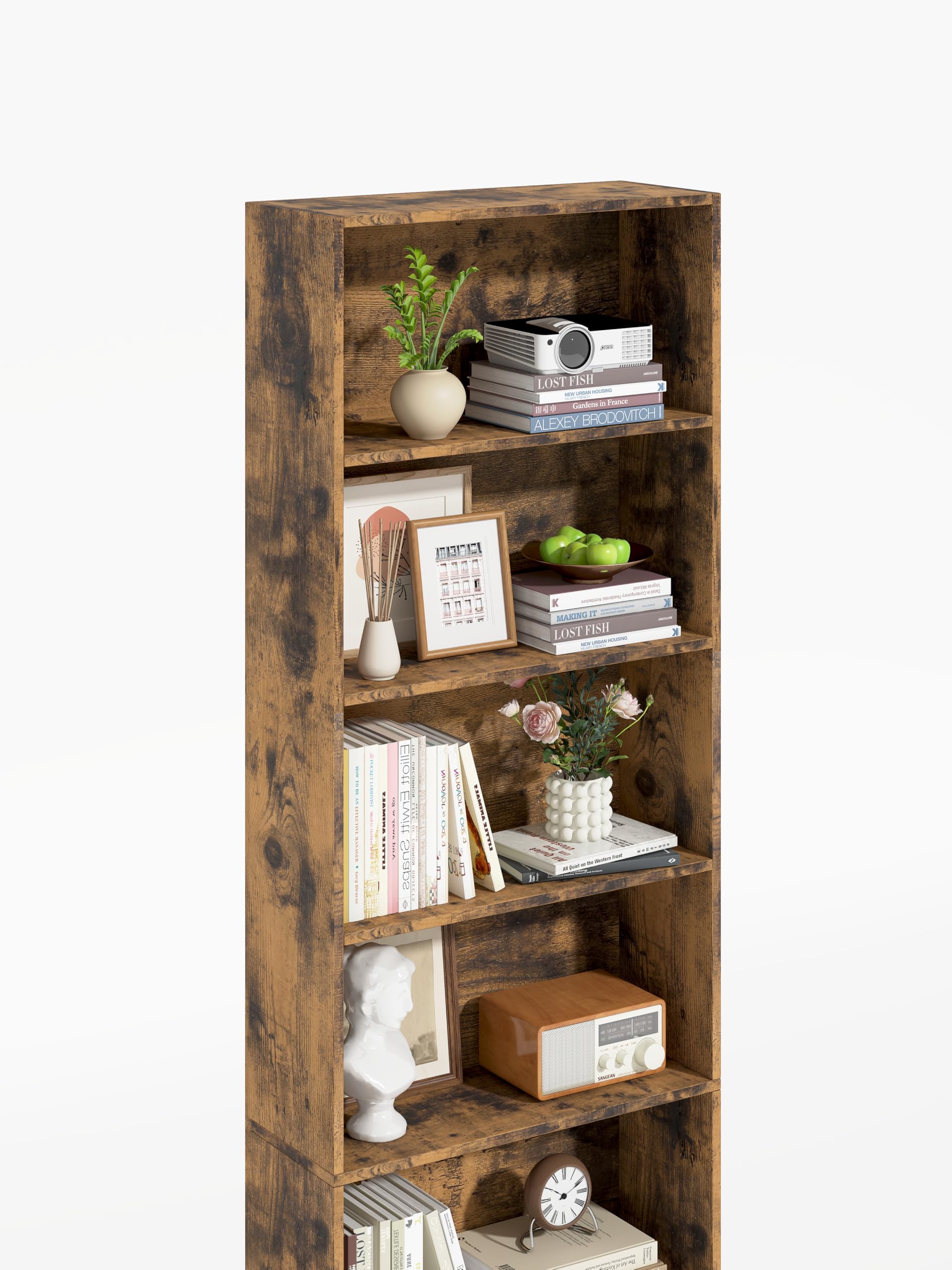Garvis Standregal 7 Ebenen | 60 cm breit, 210 cm hoch | Offenes Bücherregal Weiß Schwarz Eiche | Büroregal Wohnzimmer (Rustikal)