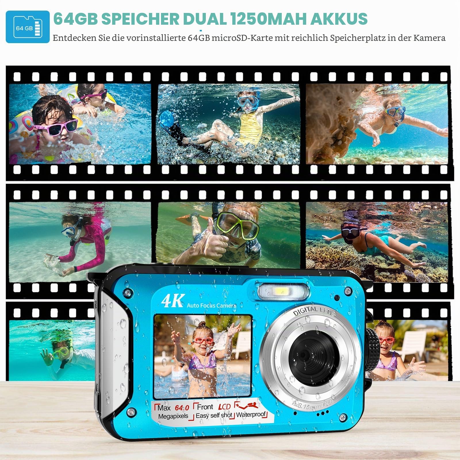 64MP Unterwasserkamera mit 64GB Speicherkarte, 4K unterwasser kamera mit Autofokus & Dual-Selfie-Bildschirmen, 5 Meter kamera wasserdicht, digitalkamera wasserdichte für Kinder & Schnorcheln (2 Akkus)