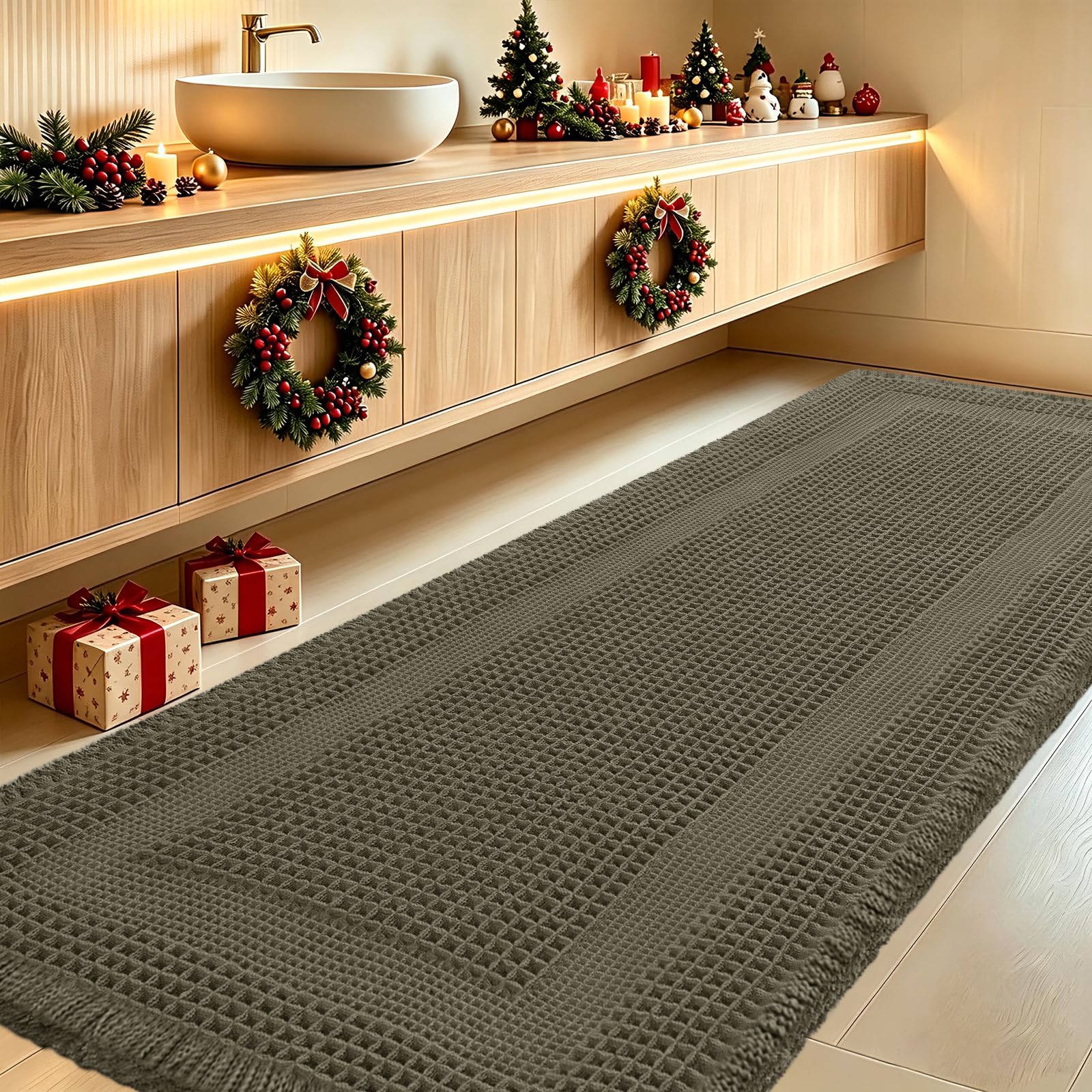 IM HOME Extra Large Waffle Bath Mat, Greyish Green 5'x2', Boho Bathroom Rugs Absorbent Non Slip, Ultra Soft Bathroom Mat, Machine Washable Knit Bath Rugs with Tassels for Bathroom, Kitchen, Tub