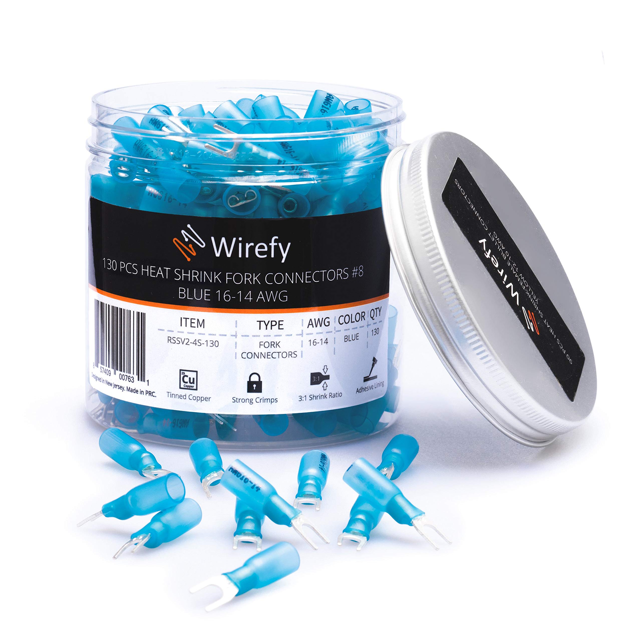 Wirefy 130 PCS Heat Shrink Fork Connectors #8 - a Resistant Fork Terminals - Spade Fork Wire Connectors - Blue 16-14 Gauge