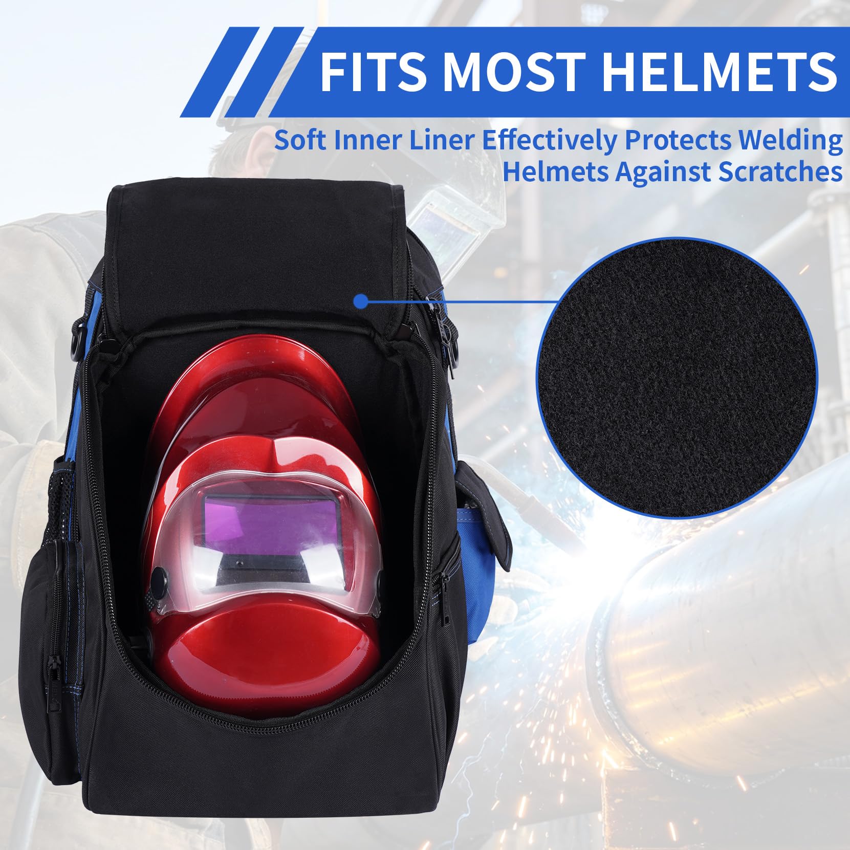 MELOTOUGH Sac à dos pour outils d'électricien avec loquet de casque, sac de rangement robuste pour électricien, charpentier, ouvrier, construction, chauffage, climatisation, soudeur (bleu)