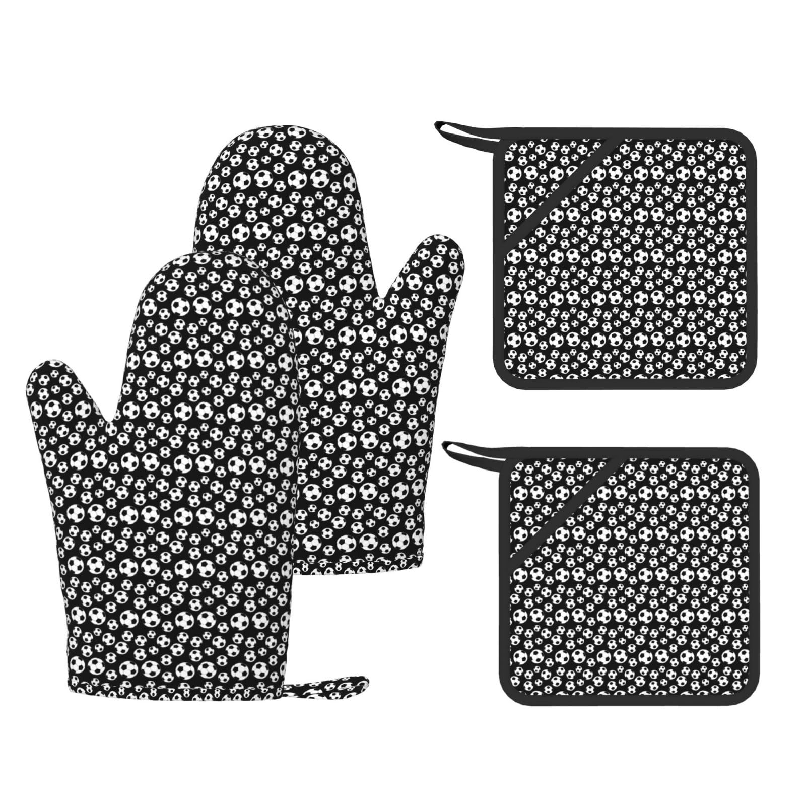 Soccer Black Stylish Printed Kitchen Set Including Heat Resistant Gloves and Non-Slip Hot Pads for Cooking BBQ